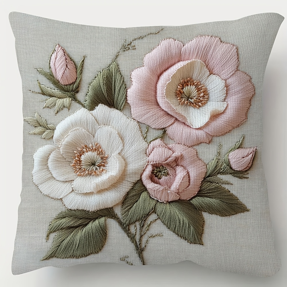 

1pc Vintage Floral Embroidered Pillow Cover, 18x18 Inch, Short Plush Polyester, Hand Wash Only, Decorative Cushion Case For Bedroom, Sofa, Living Room - Dcbj1165