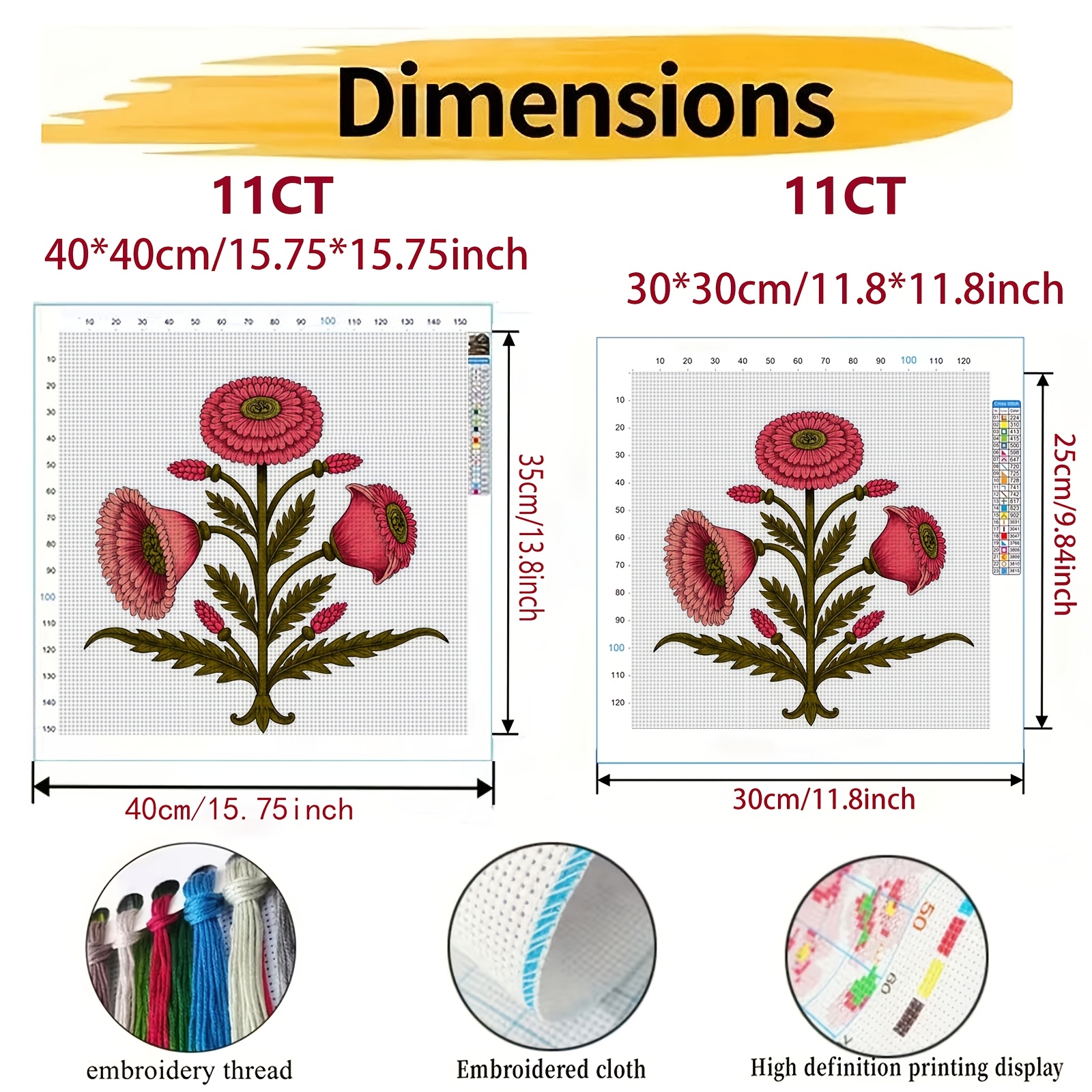 Cross Stitch Printed Kit, Frameless, Pink Floral Pattern Design for Beginners
