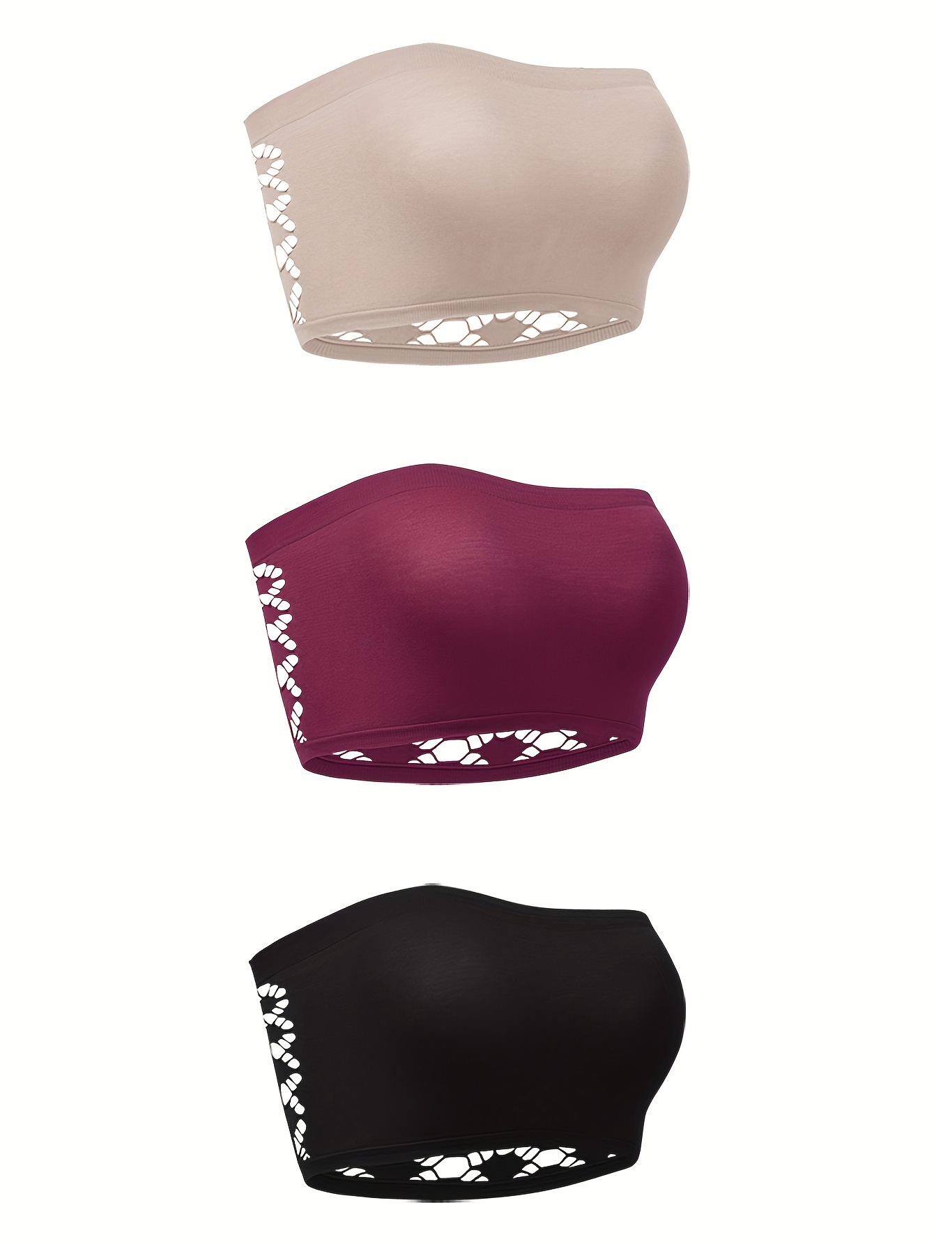 3pcs Women's Plus Sexy Bra, Plus Size Non-slip Hollow Out Seamless Non Padded Bandeau Bra