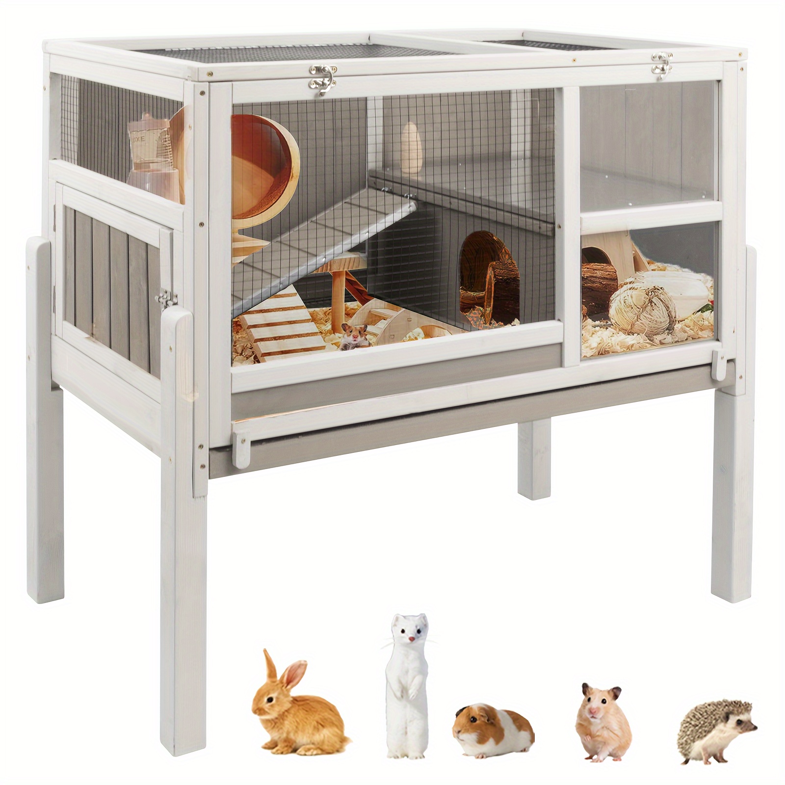 

Gowoodhut Elevated Rabbit Hutch Indoor 36.6" H Wooden Outdoor Bunny Hutch With Wire Netting Above The Pull Out Tray, Detachable Legs Hamster Cavy Cage Pet House For Small Animals, Grey