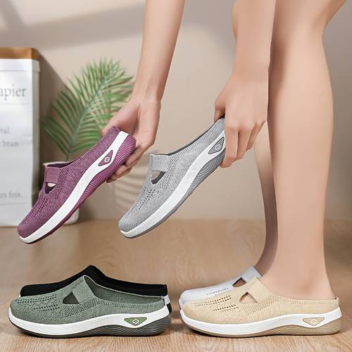 imagen del artículo zapatillas mule de punto transpirables para mujer, zapatos de caminar sin espalda, , de malla cómoda antideslizante, zapatos casuales para uso ,