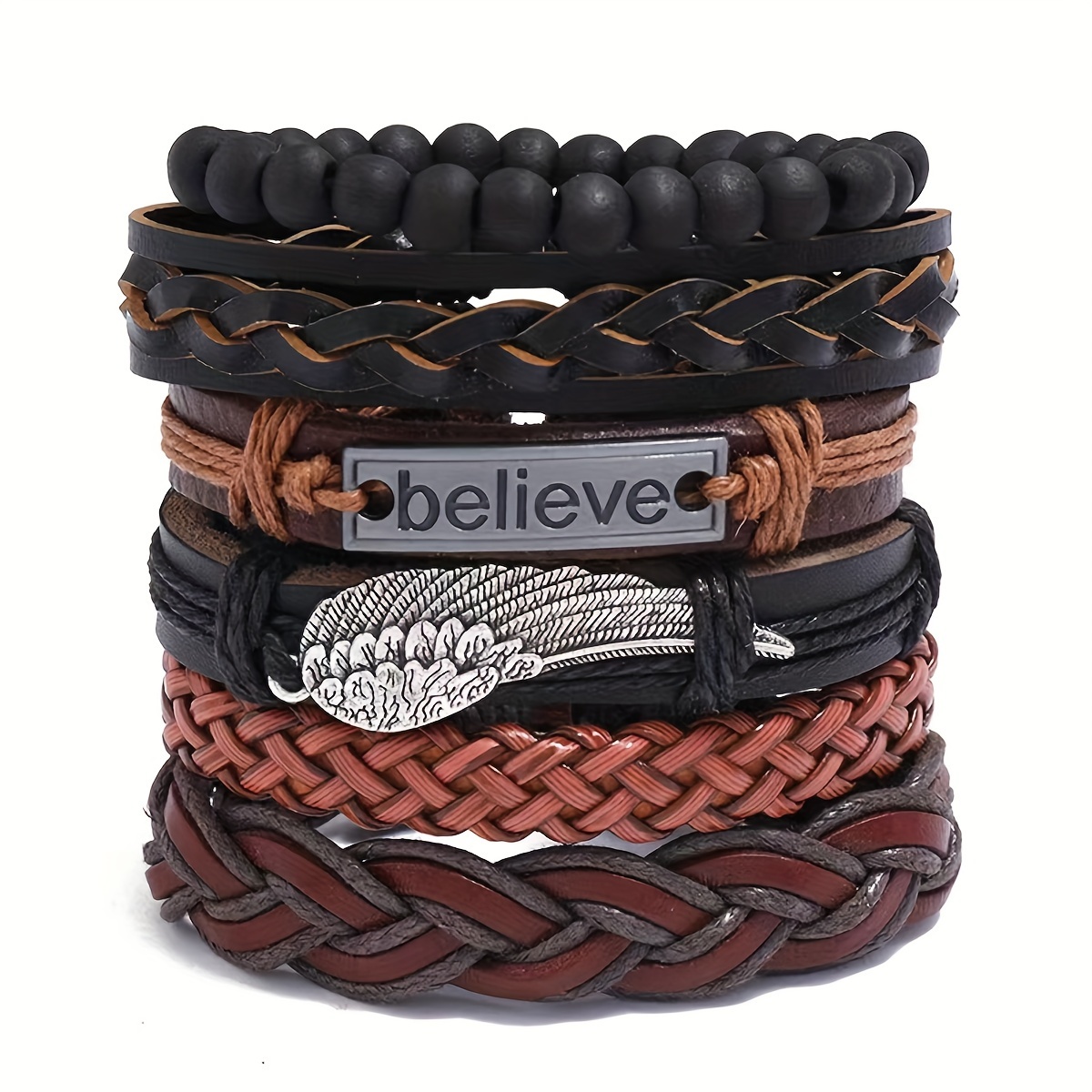 

6 Pcs Leather Braided Bracelet, Medieval Leather Cuff Wristband With Wing