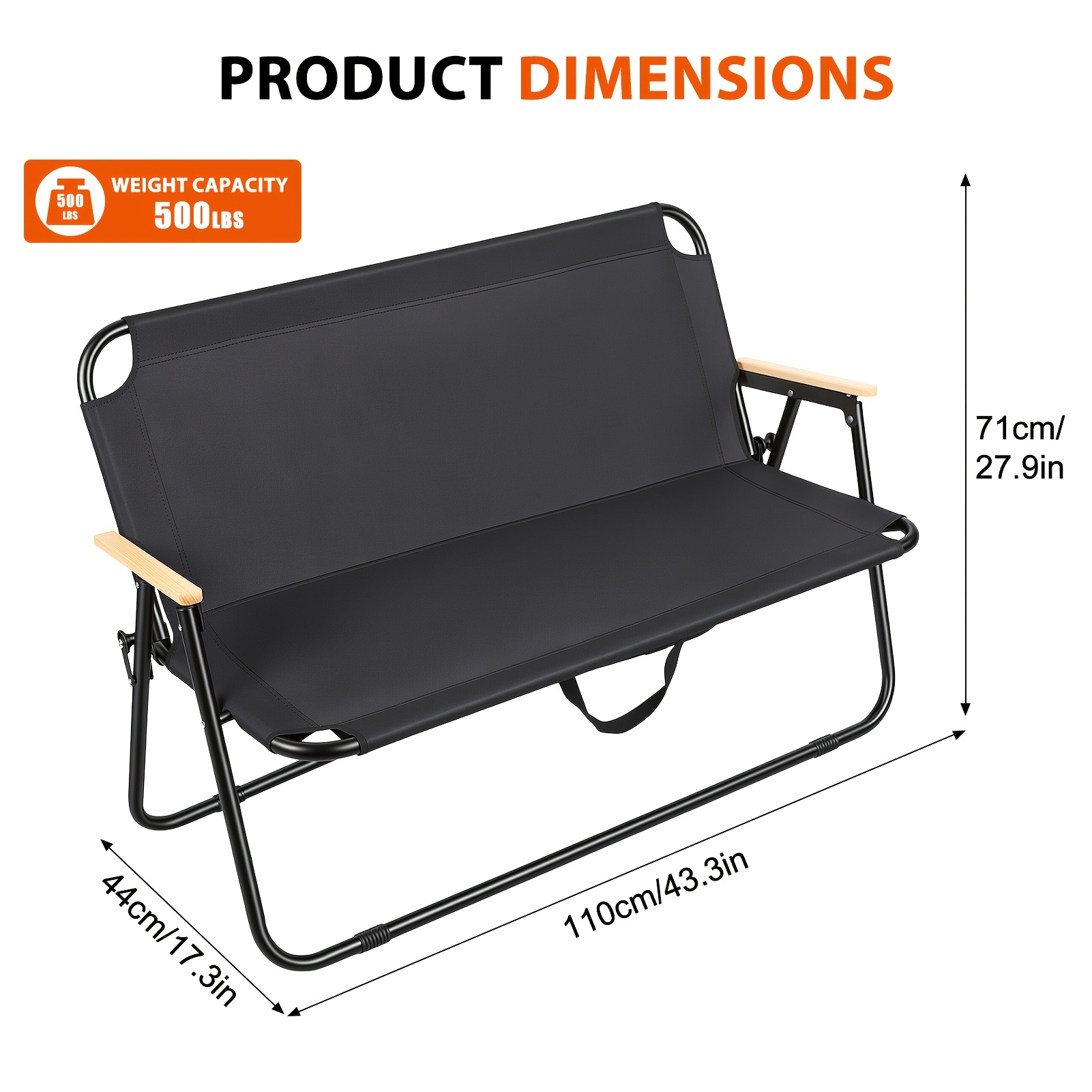 1 X Folding Double Camping Chair, Lightweight Camping Bench, Portable 2-person Outdoor Bench, Seats 2 People, Wooden Armrests And Golden Metal Frame, For Balcony, Outdoor