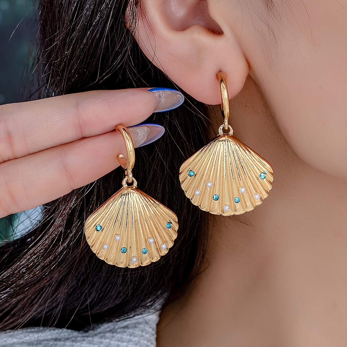 Women's Golden Shell Earrings with Blue Rhinestones, Summer Style