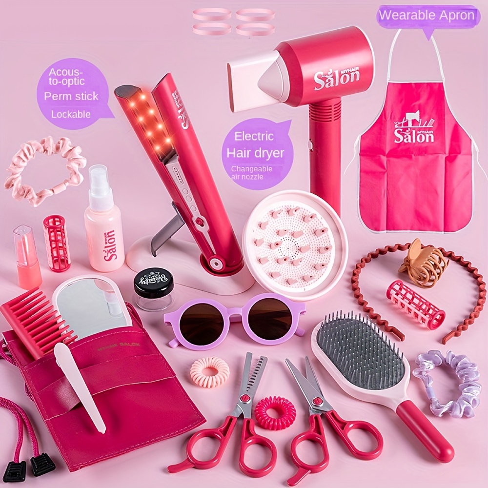 

Girls Beauty Pretend Hair Cutting Kit Hairdresser Toys With Hair Dryer, Scissors, Barber Apron And Styling Accessories