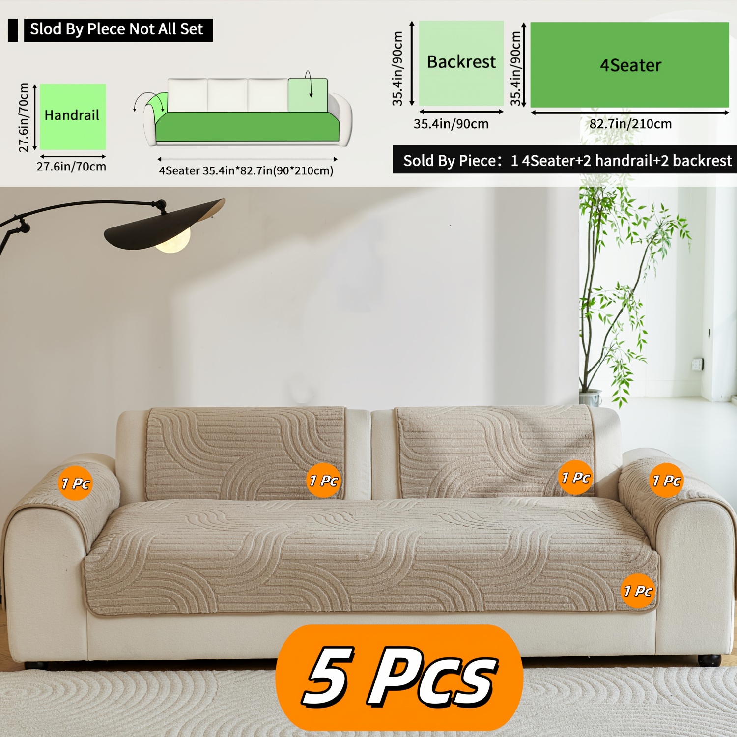 TEMU 5pcs Solid-color Chenille Non-slip Sofa Cushion Set For Autumn And Winter - Machine-washable, Pet-friendly, Full-set Sofa Protection Pad,