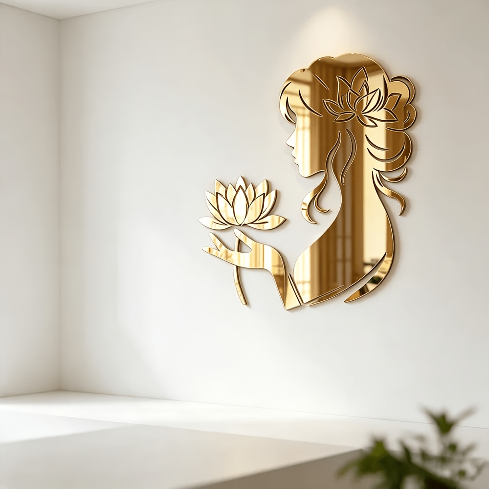 TEMU 45cm Acrylic Lotus Girl Combination Decorative Mirror, Lotus Theme - Artistic Hollow Decorative Mirror - Suitable For Bathroom, Living Room,