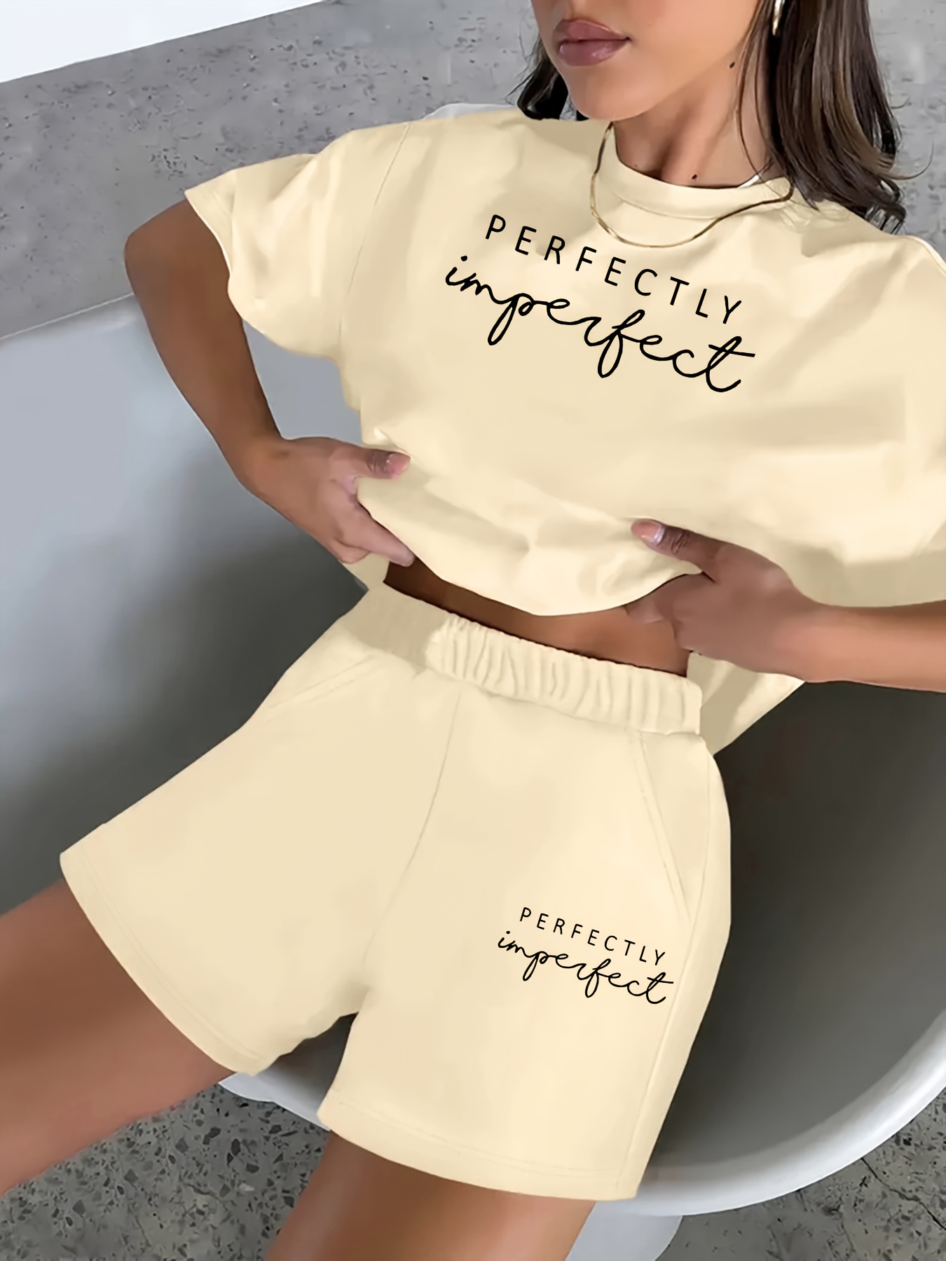 2  summer new womens set   text pattern casual printed round neck short sleeve top and t shirt elastic waist pocket shorts womens 2pcs set