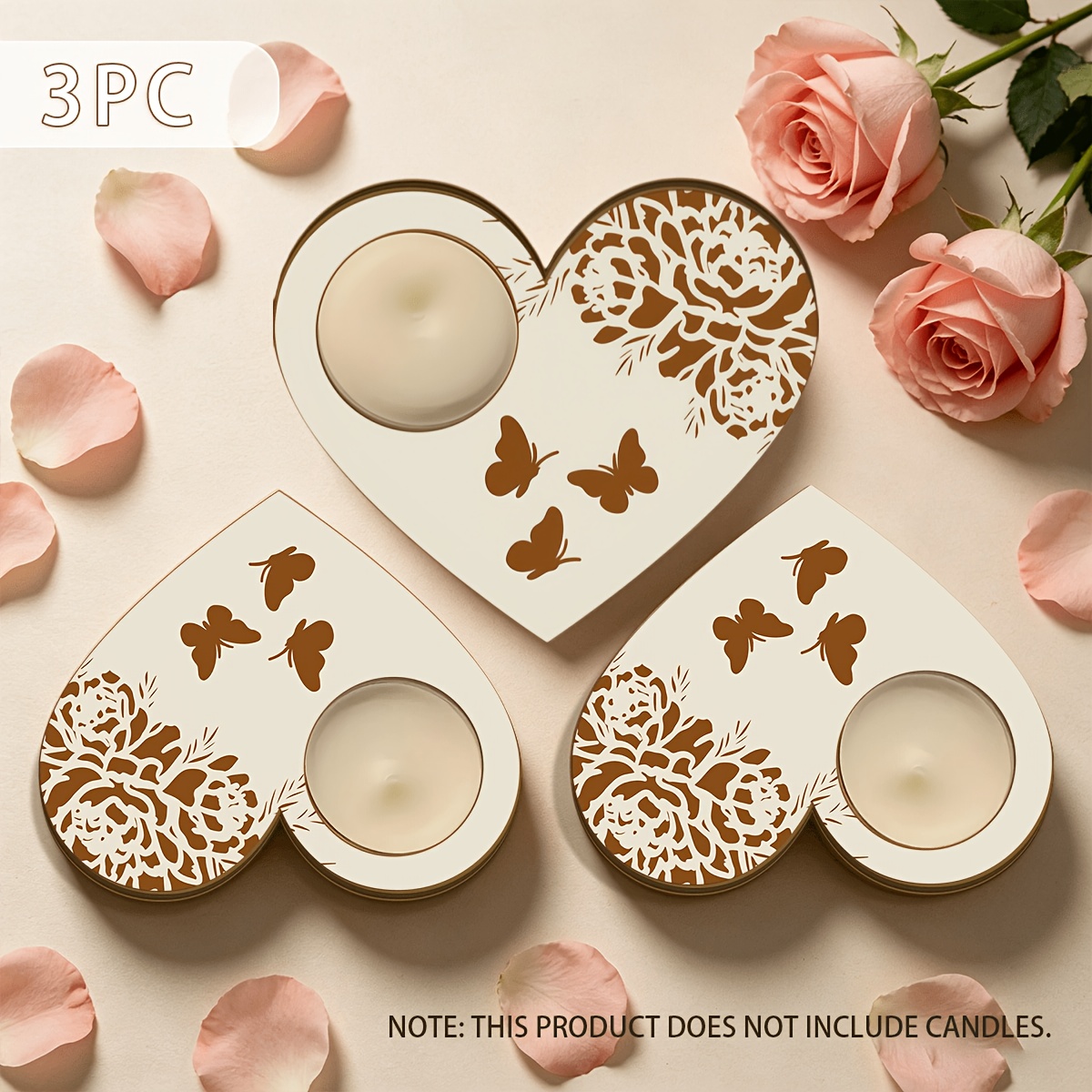 TEMU 3pcs Heart-shaped Floral Tea Light Holder With Wood-carved Peony & Tabletop Centerpiece - Artificial Wood Polished Suitable For Mom, Wedding,