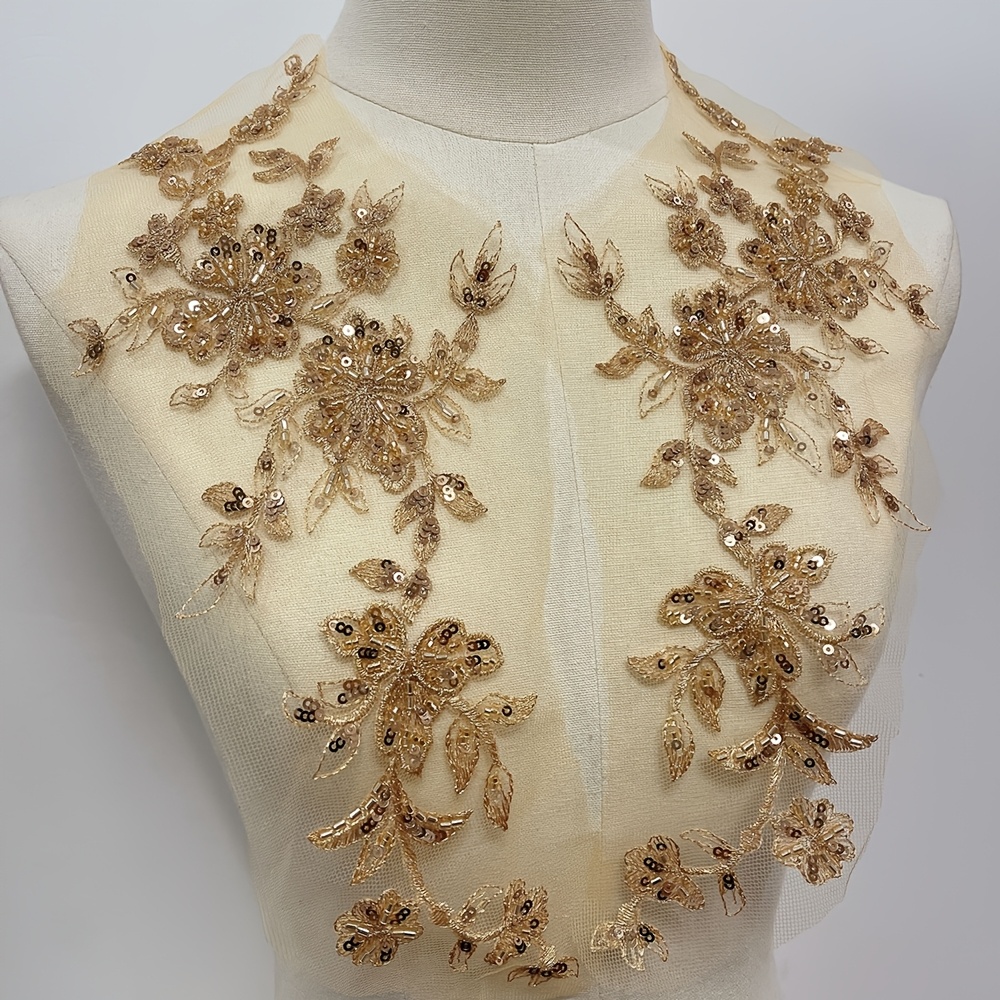 E-shop Ein Paar goldbestickte Blumenperlen-Tube-Mesh-Stoffpatches, Hochzeitskleid-Dekorationsaccessoires