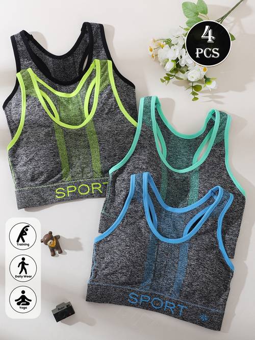 4 pack womens seamless elegant underwear letter sports bra color block decoration design breathable fit soft suitable for fitness running sports bra fitness apparel spring and summer outdoor sports underwear top