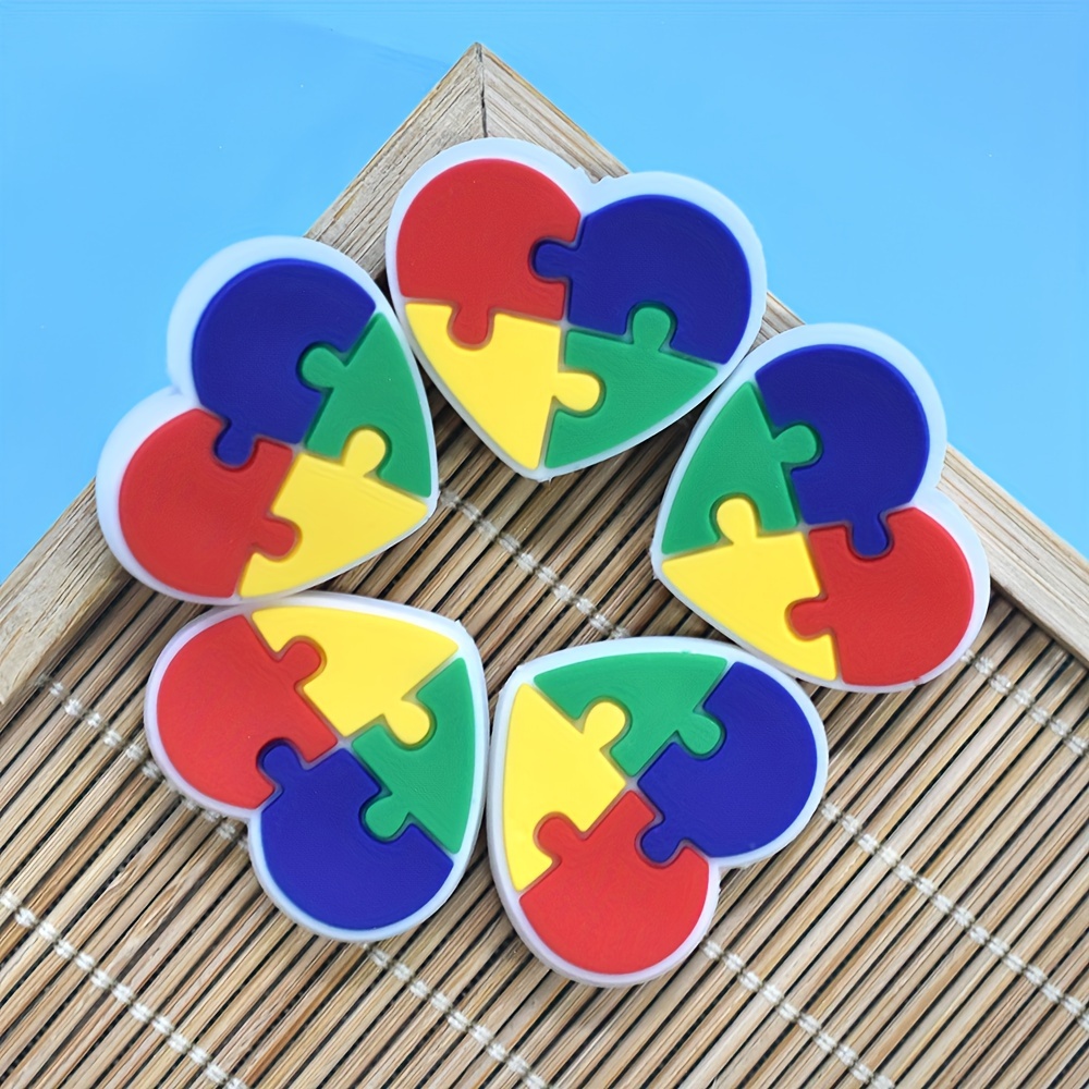 

5pcs Autism Awareness Heart-shaped Puzzle Beads Set - Vibrant Making Supplies For Creative Crafting, Office Decorations, And