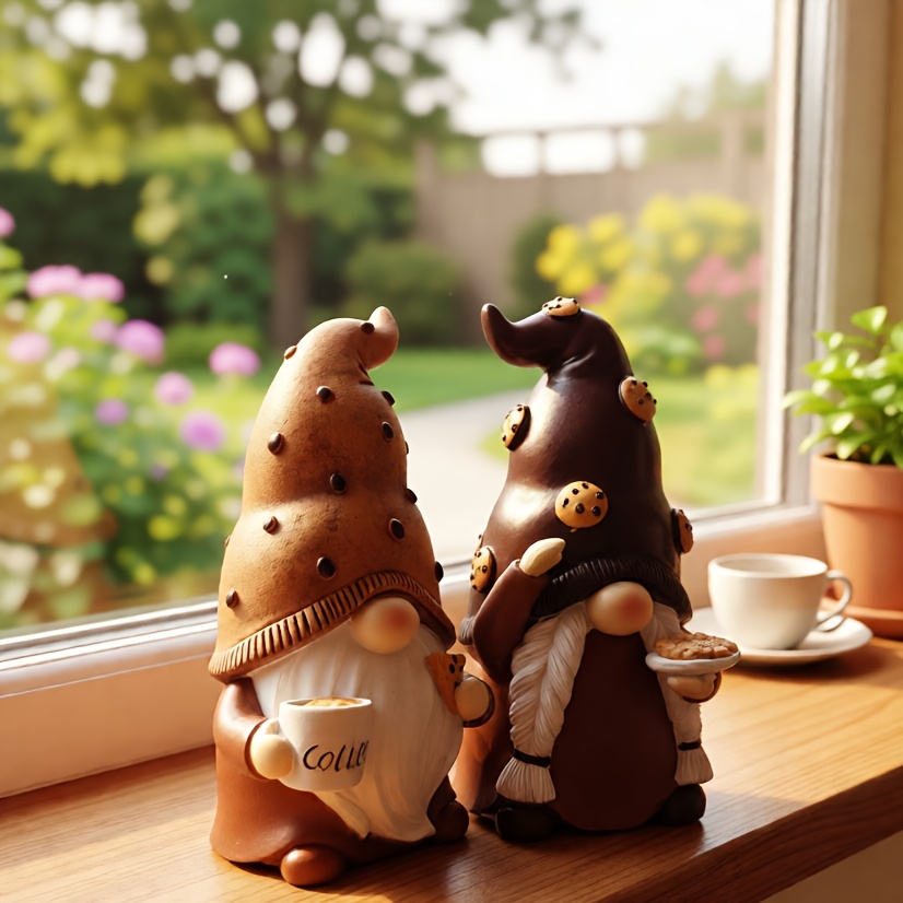 TEMU Coffee & Cookie Gnome Couple Resin Figurine Set - Adorable Gnome Decor For Coffee Bar & Kitchen - Perfect Gift For & Decor!