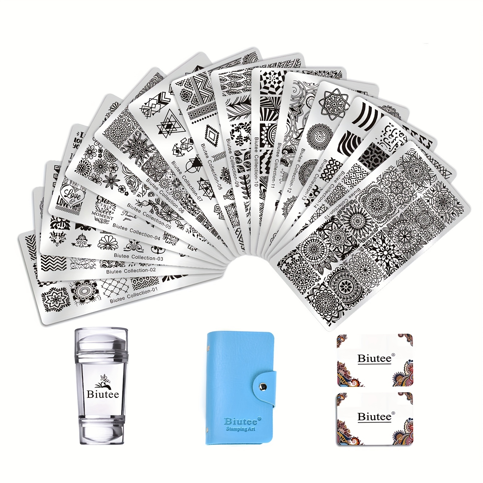 Biutee Nail Stamper Kit 15pcs Stamping Stencil + 1 X Nail Stamp + 2 X Scrapers + 1 X Plate Bag