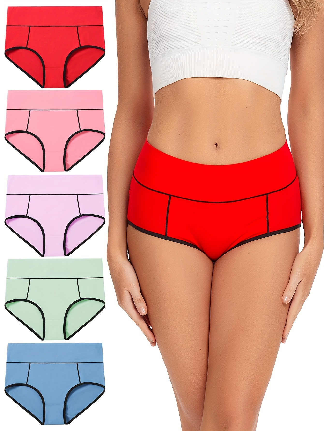 5 Pack Plus Size Elegant Panties Set, Women's Plus Wide Waistband High  Waisted Double Layered Briefs Five Piece Set