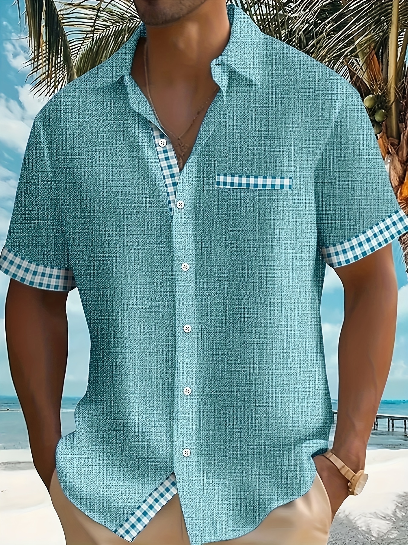 Men's Casual Short Sleeve Shirt with Plaid Print & Tropical Palm Tree Graphic - Breathable Button-Up Shirt with Pockets, Machine Washable Summer Shirt for Beach & Casual Outings, PLUS SIZE