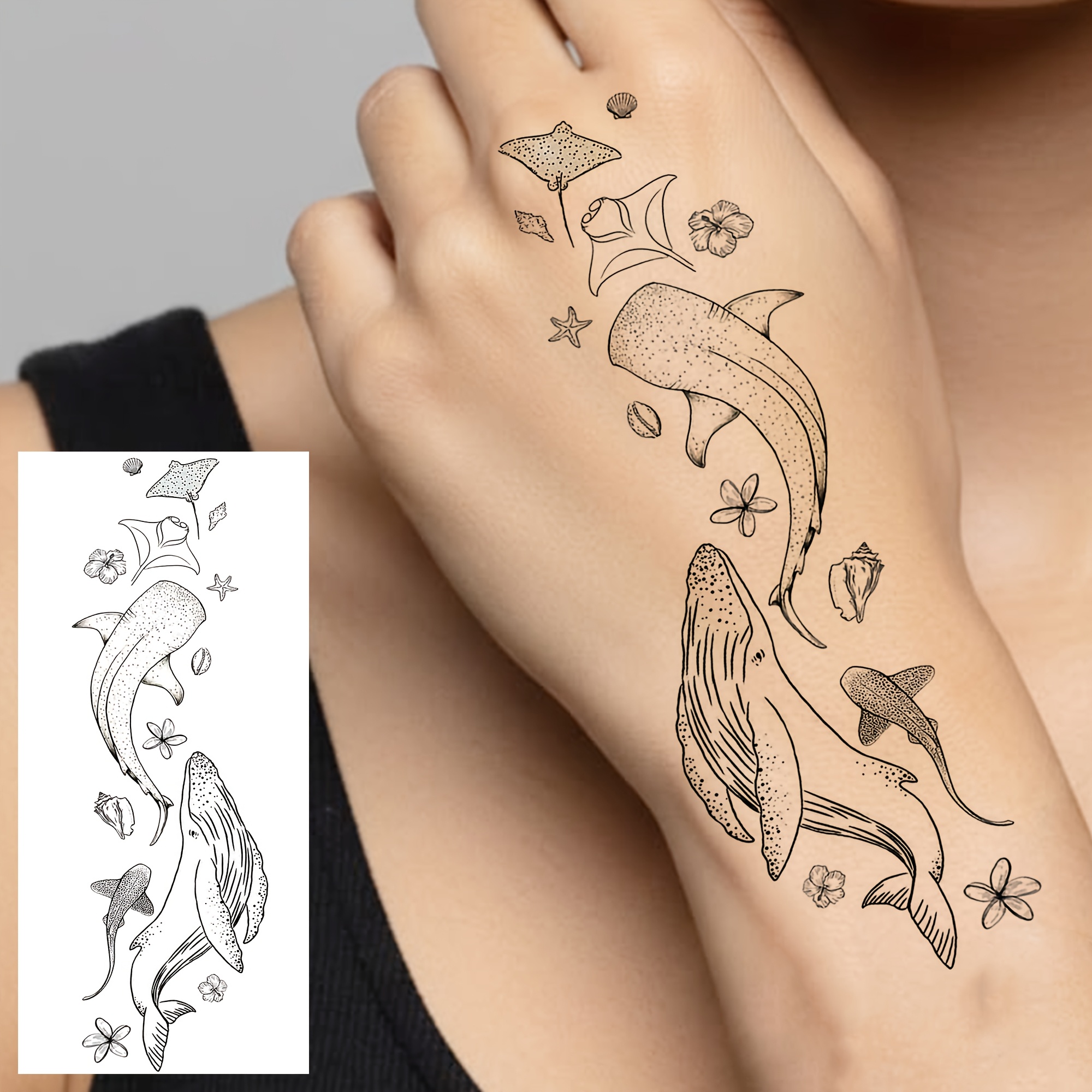 A Temporary Tattoo Featuring A Whale Shark, , Starfish, And Shell, Suitable For Men And Women, On Fingers, Ankles, Waist, Legs, Thighs, Forearms