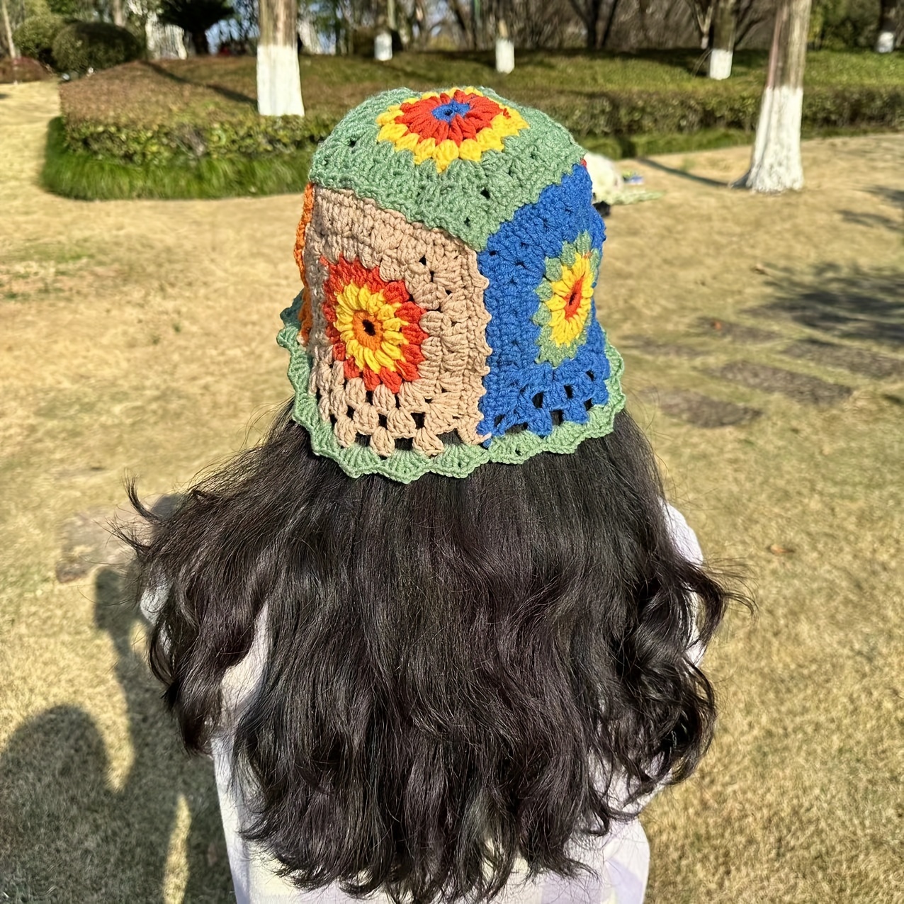 

Bohemian Flower Crochet Knitted Bucket Hat, Colorful Handmade Festival Sun Hat, Vintage Style Women's Outdoor Sunshade Basin Hat