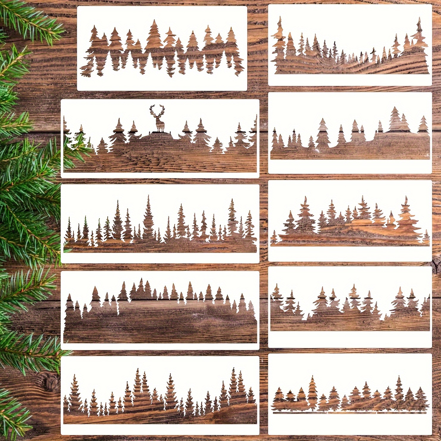 

10pcs Pine Tree Stencils Tree Stencil Forest Stencil Wood Burning Stencils Patterns Reusable Drawing Templates For Painting On Wood Wall Fabric Furniture