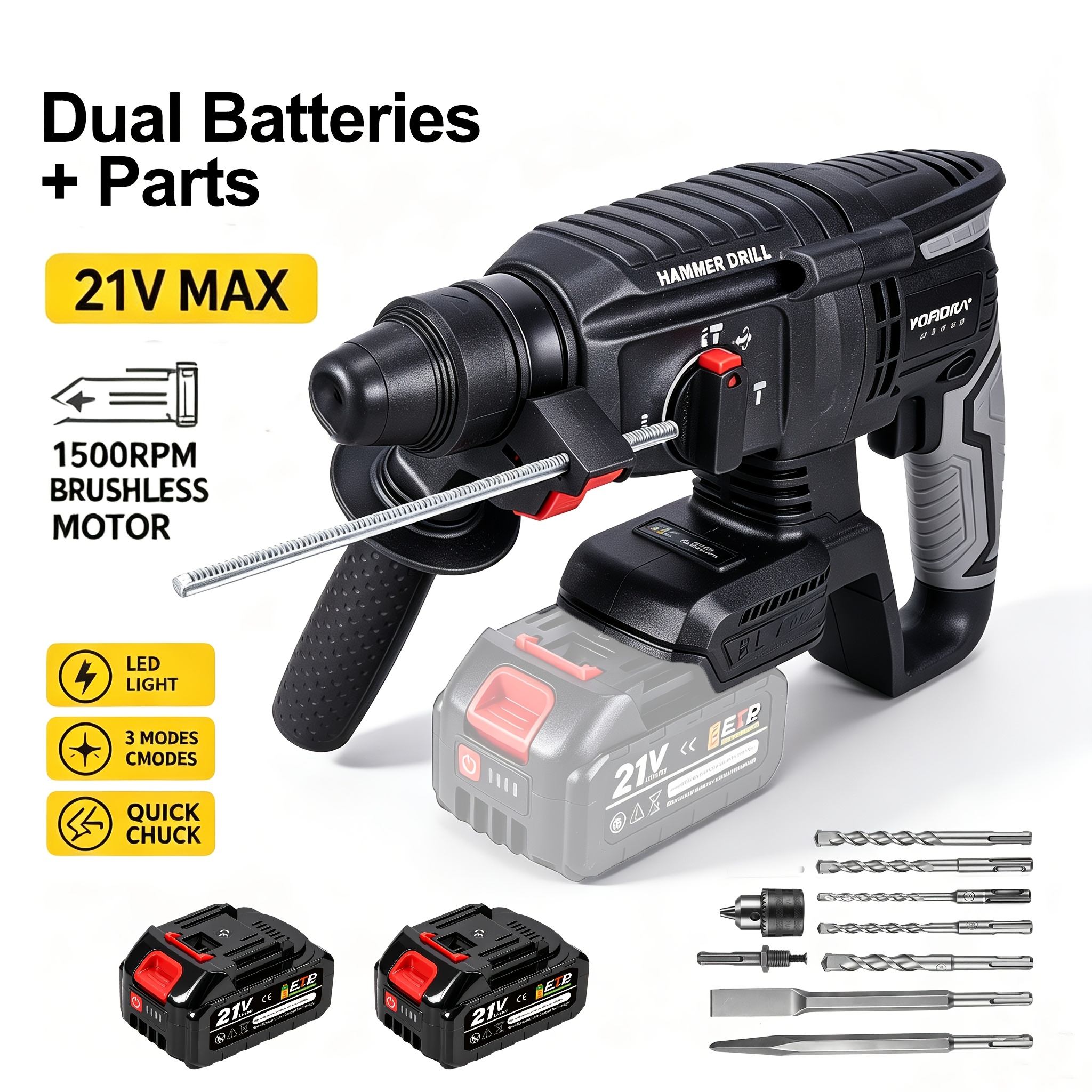 Image of Cordless Electric Hammer Drill, 26mm Heavy-duty Metal , 4 , For Drilling In Concrete, Brick, And Wood For Home Improvement And Industrial – Yofidra Colors, Tool Or Dual Battery Kit