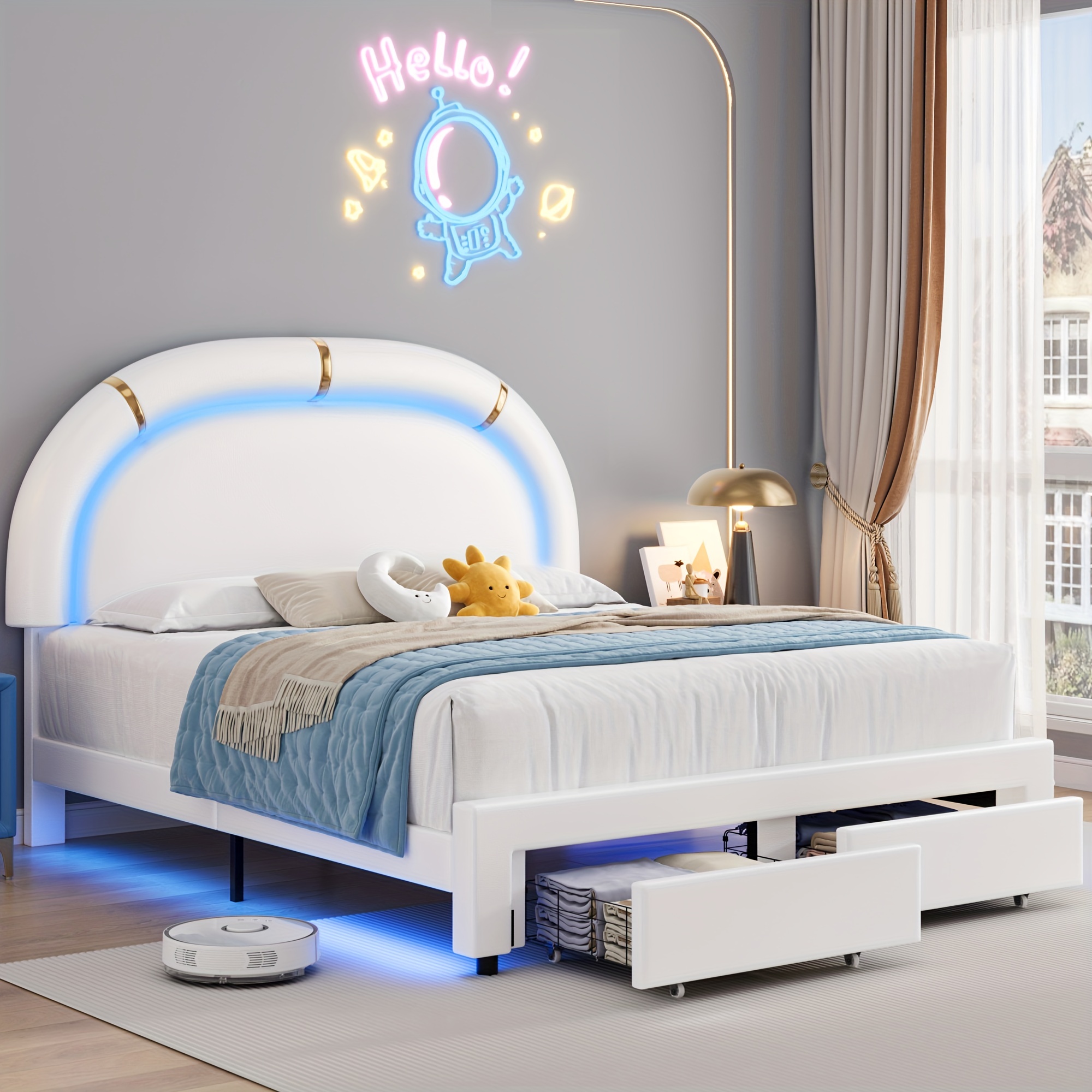 

Modern Led Bed Frame With 2 Storage Drawers, Smart Leather Upholstered Platform With Adjustable Headboard - With Blue And Pink Accents, Under-bed Lighting For Stylish Bedroom , Bed Room Decor