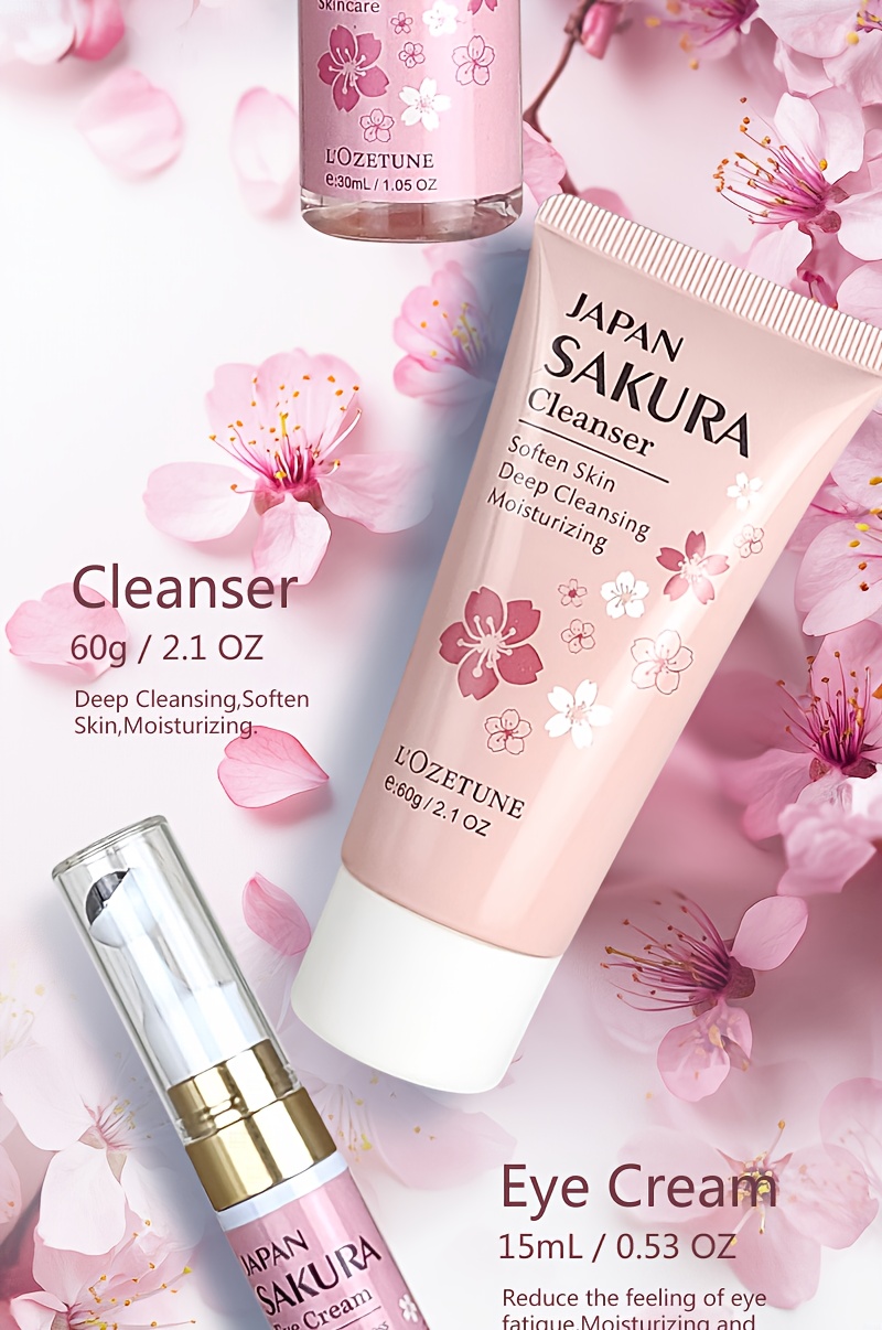 Cherry Blossom Skincare and Beauty Care Set, Includes Moisturizing Toner, Eye Cream, Facial Cleanser, Face Cream, and Cherry Blossom Essence. Suitable for All Skin Types: Dry, Normal, and Combination. Ideal for Post-facial Hair Removal Beauty Care.