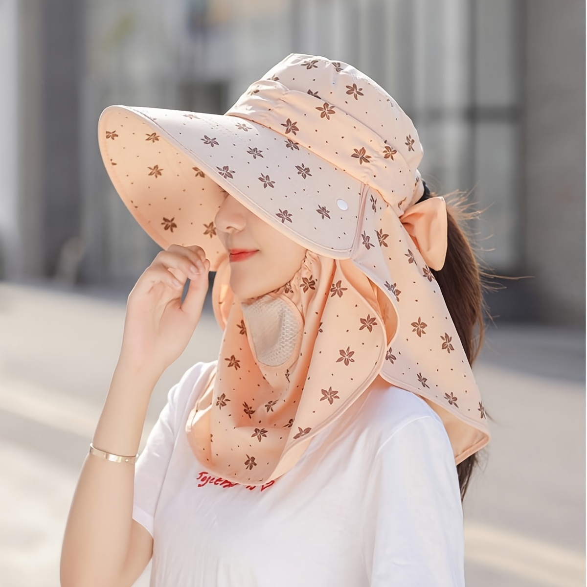 

Adjustable Summer Sun Hat For Women, Wide Brim Cycling Cap With Removable Face Shield, Outdoor Tea Picking Style, Random Color