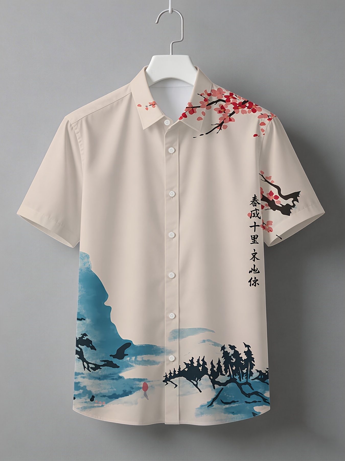 item picture Men'S Short Sleeve Shirt, Hawaiian Style, Digital Print Unisex Floral Design, Youthful Beach Casual, Men'S Top