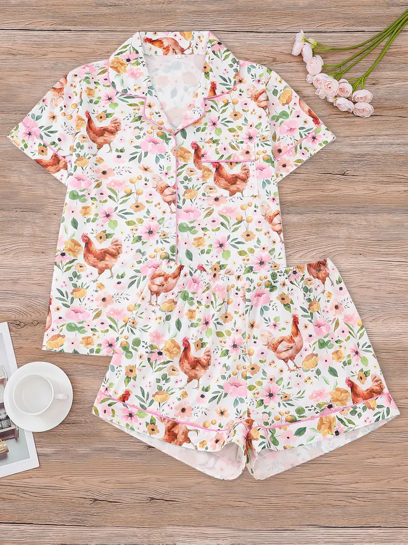2pcs colorful country style rooster print womens pajama set short sleeve shirt with collar button and loose elastic shorts beautiful and fashionable daily wear holiday costume casual outdoor home comfortable womens pajamas and loungewear Product details 0