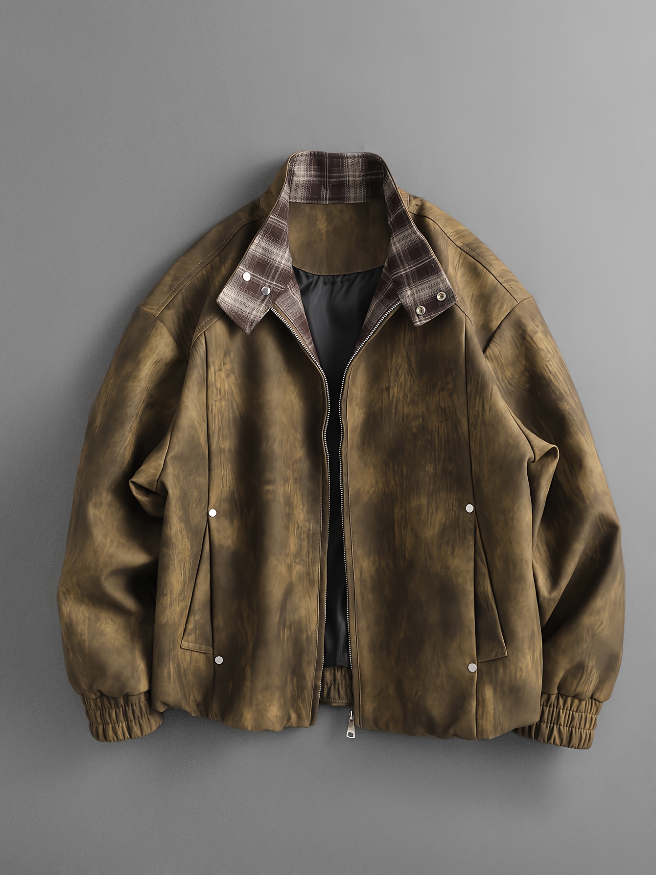 mens vintage washed leather jacket full zip front closure - Temu