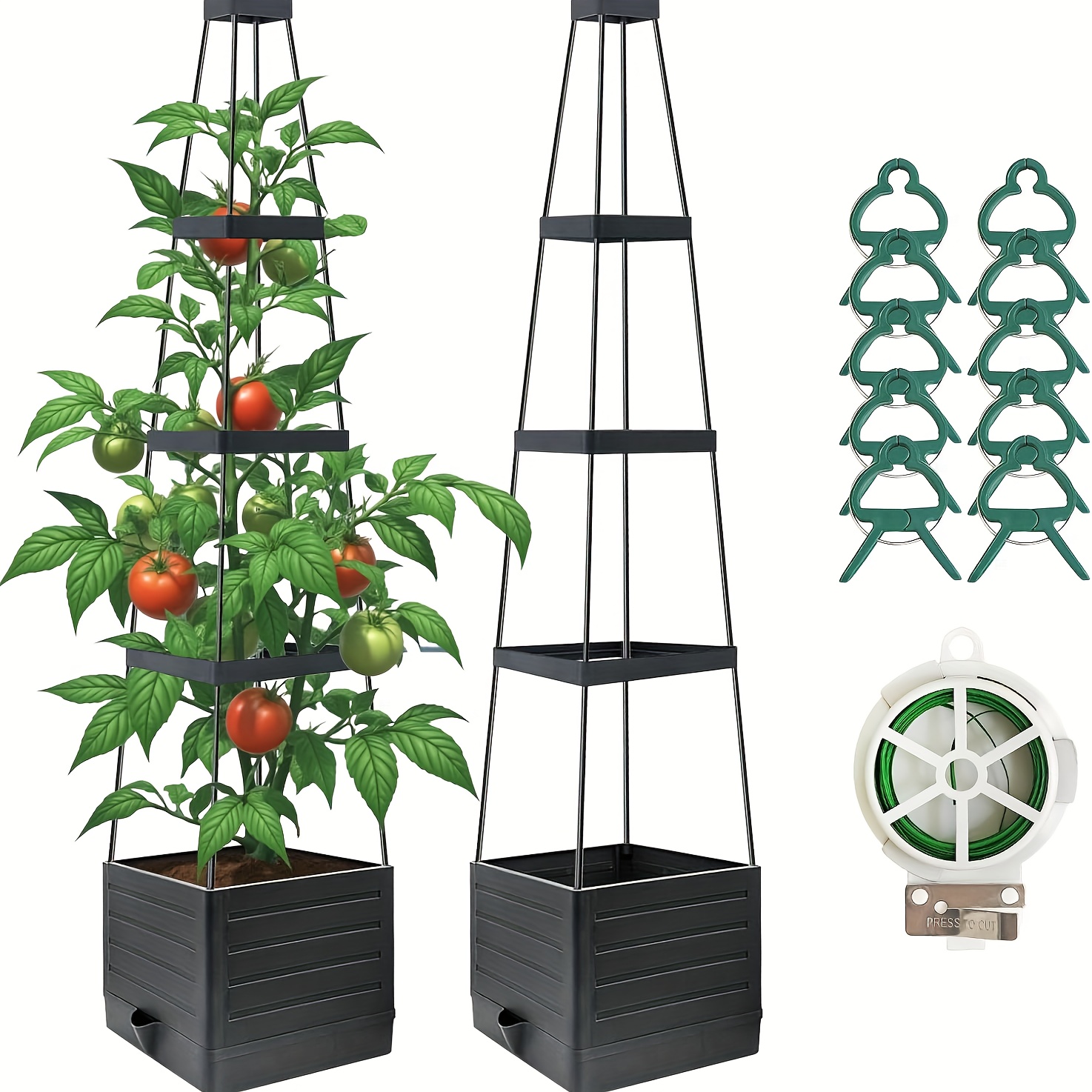 TEMU Lot de 2 de Jardinière surélevés avec Treillis, Bac à Tomates avec Treillis, à Tomates Auto-arrosants avec Roulettes pour Plantes Grimpantes