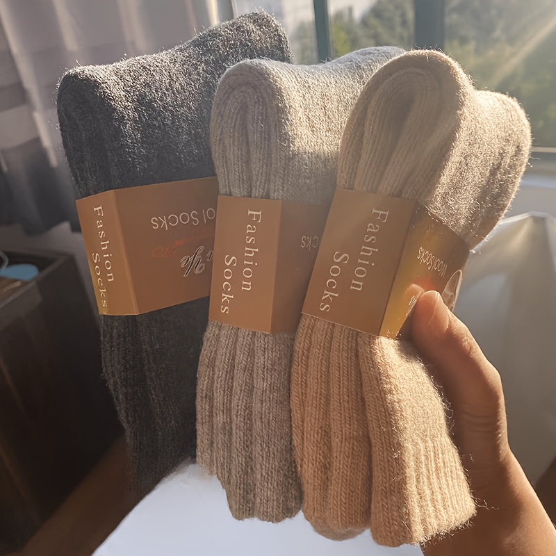 TEMU 3 Pairs Autumn Winter Thickened Wool Socks, Unisex Solid Color Casual Warm Mid-calf Socks, 70% Wool 30% Polyester Blend, Hand Wash Only
