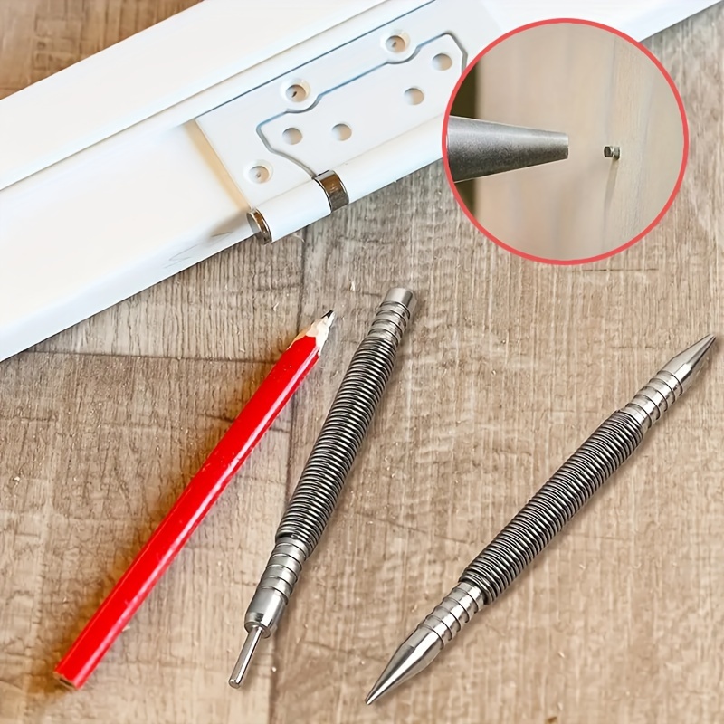 

1/2pcs Spring Center Punch, Hammerless, Double Headed Nail Installer, Spring Loaded, Loaded High Carbon Steel Nail Punch, Narrow Space, Door Hinge Pin Remover, Woodworking Tools