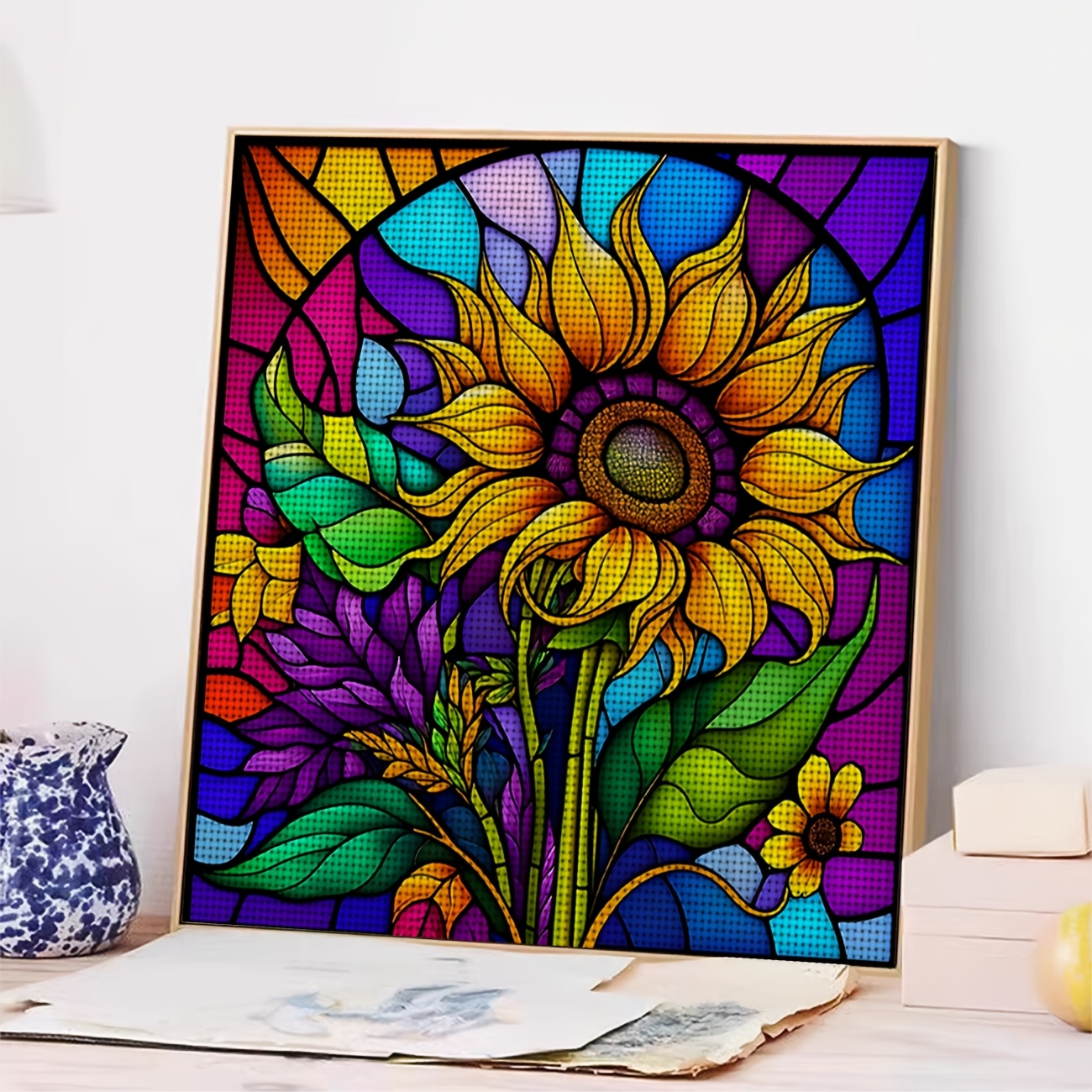 DIY Cross-Stitch Kit, Stained Glass Style Sunflower