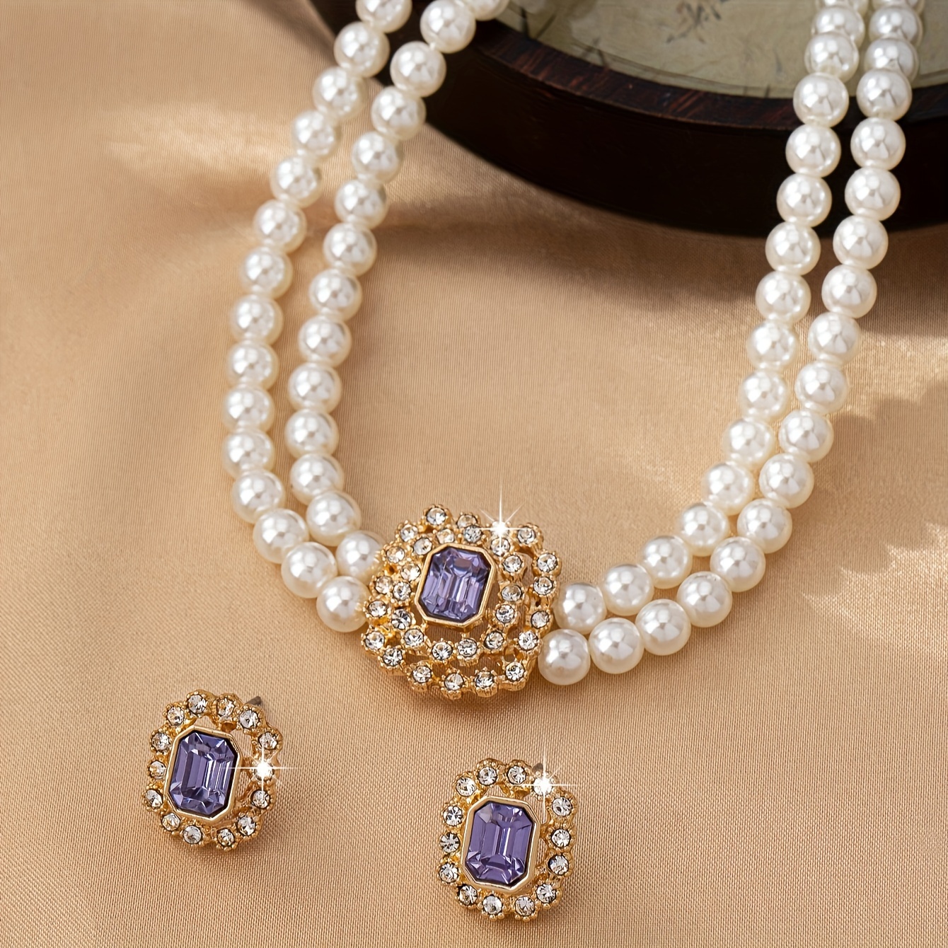 

Luxurious Double-row Pearl & Square Rhinestone Necklace And Earrings Set - Vintage Style, Acrylic Material, Suitable For All , Casual Attire