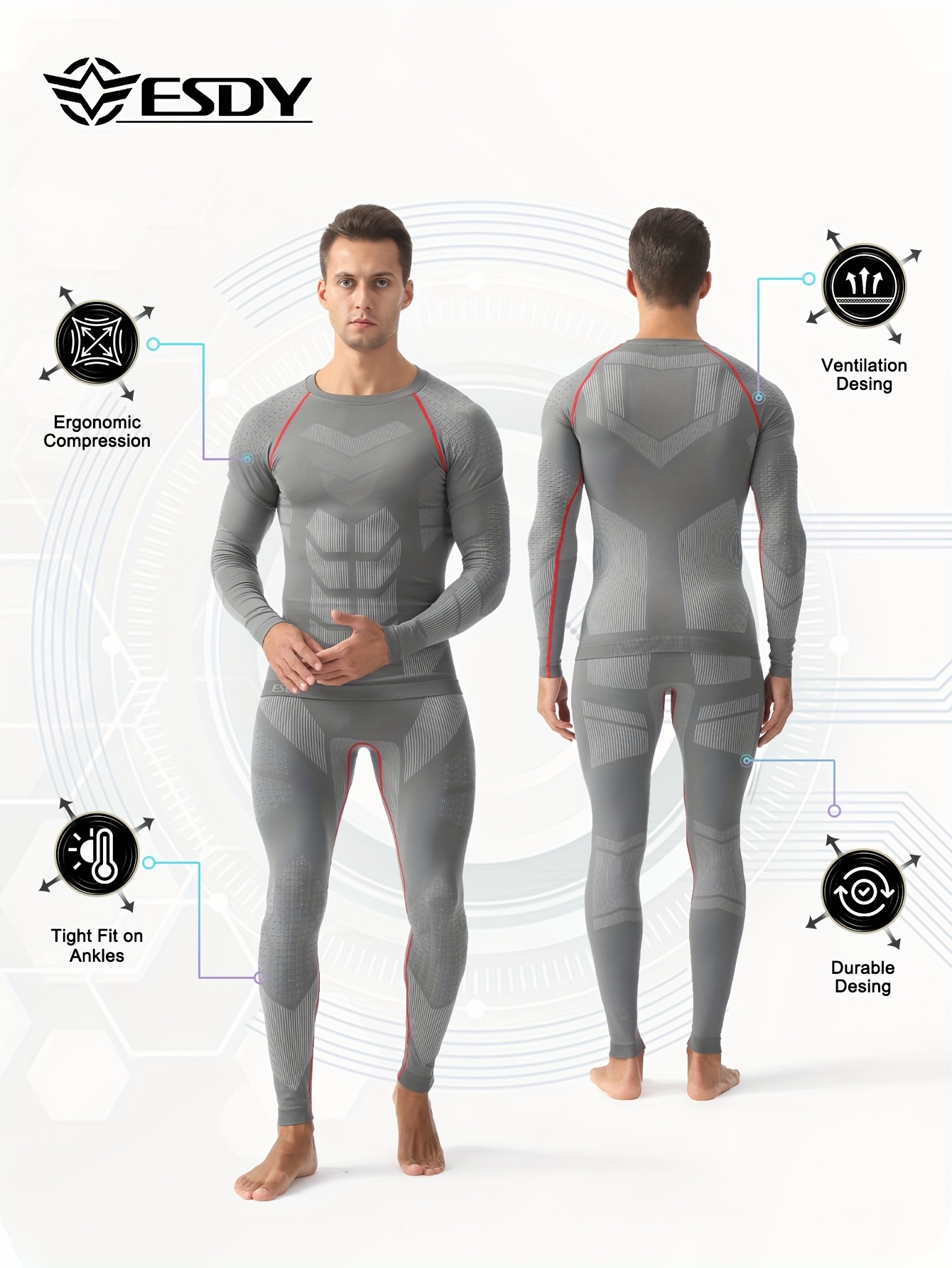 ESDY Men's Knitted Round Neck Stretch Compression Set with Breathable Compression Pants and Body Shaping Top for Winter Basic Workout Fitness Cycling Outdoors Activities