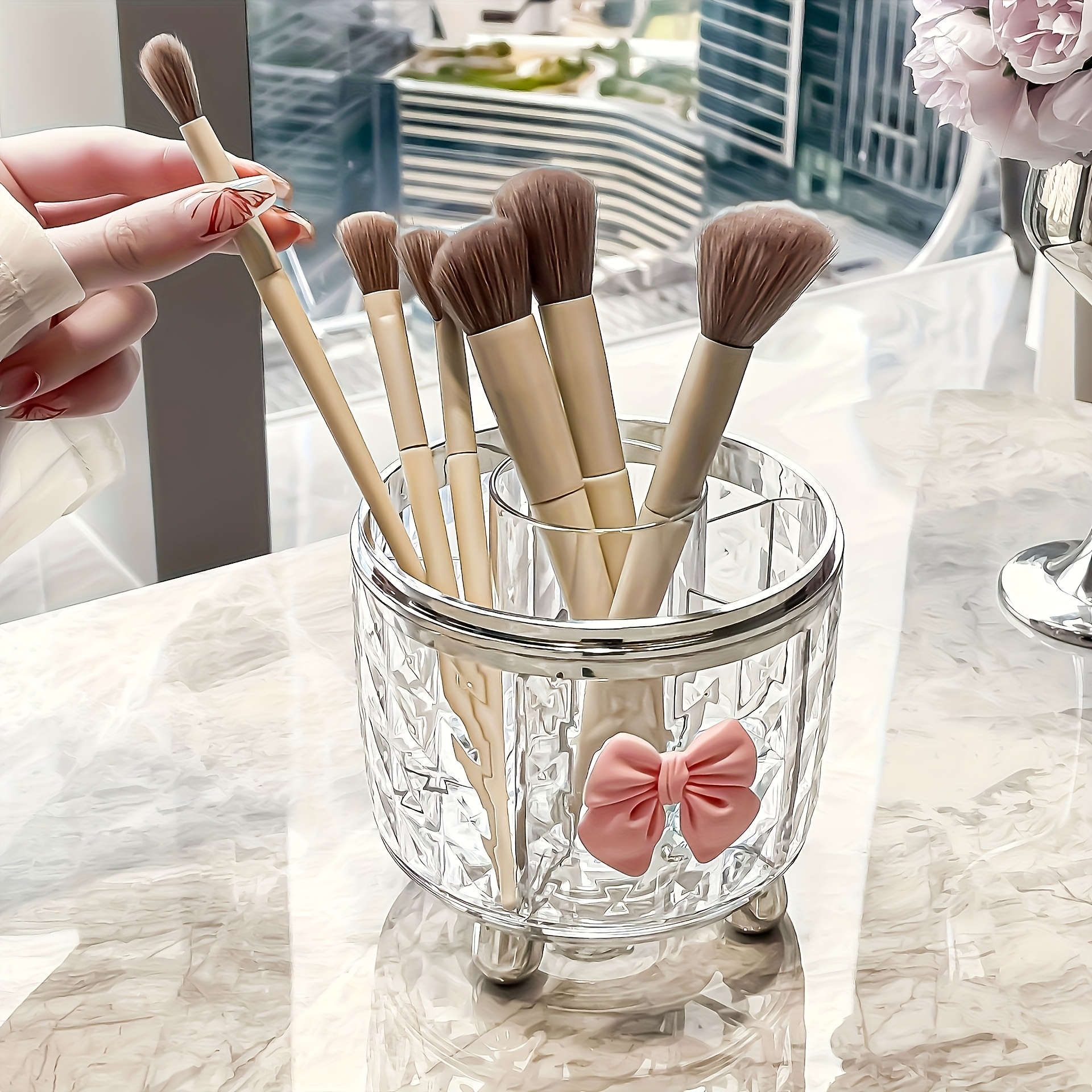 360 degree rotating makeup organizer with clear lid bathroom vanity organizer space saving countertop storage for makeup brushes lipstick eyeliner no power needed durable plastic construction   home or decorative bow accent sturdy brush holder beauty enthusiasts Product details 5