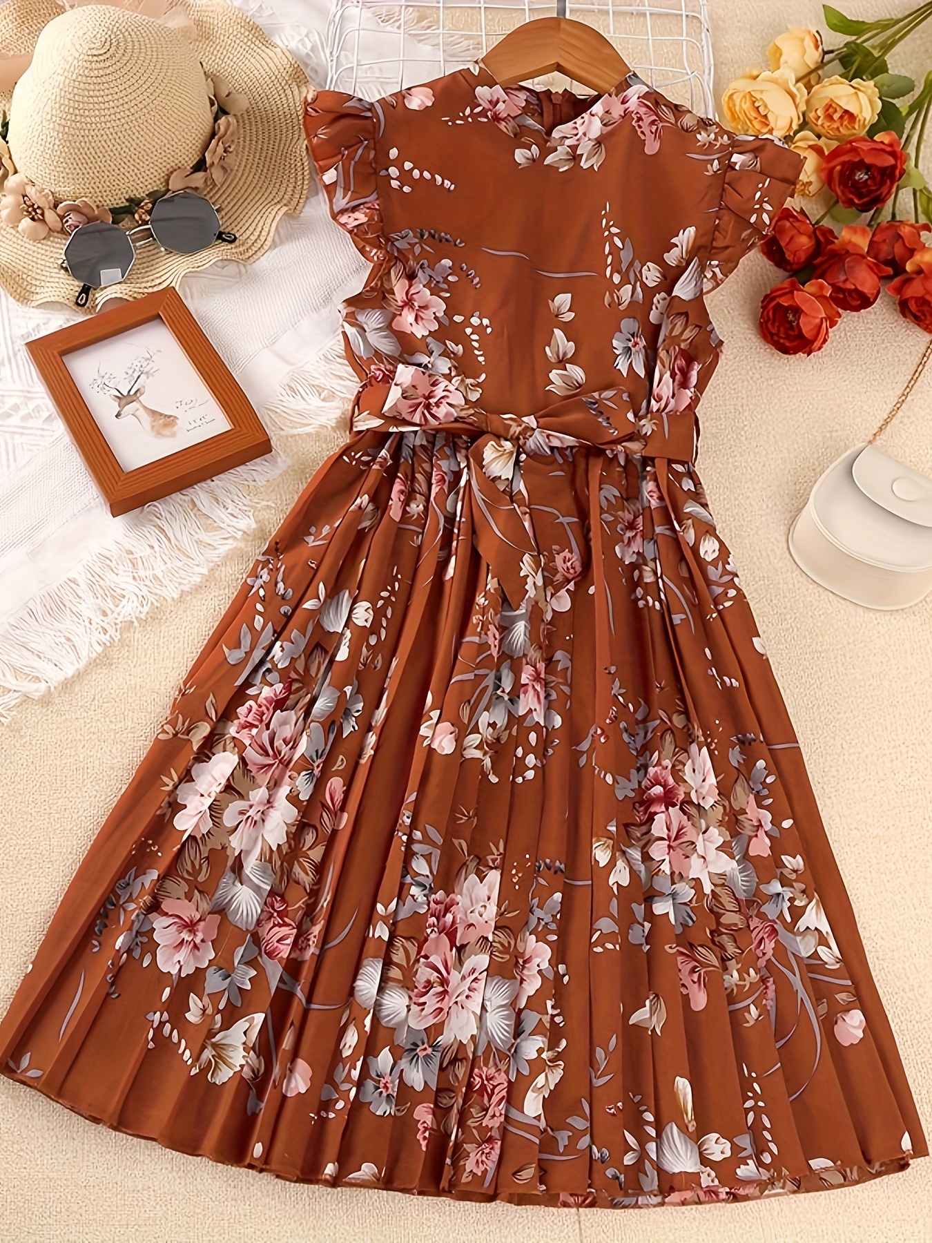Girls * Frill Sleeve Midi Dress Elegant & Sweet Girls Casual Dress Summer  Gift
