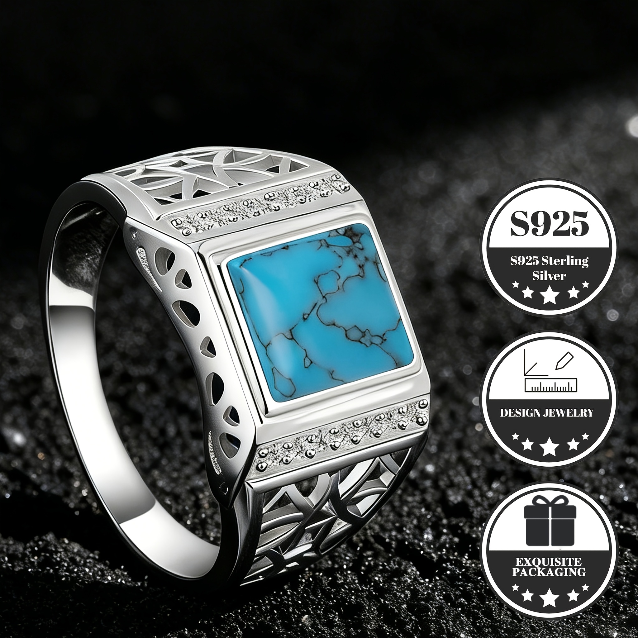 Image of S925 925 Silvery Plated Ring, Square Turquoise With Natural Veins, Intricate Hollow Pattern& Trim, Hypoallergenic, For Daily Wear, Holiday Gifting, Ideal For Men, Boyfriend, Father( With Gift Box)