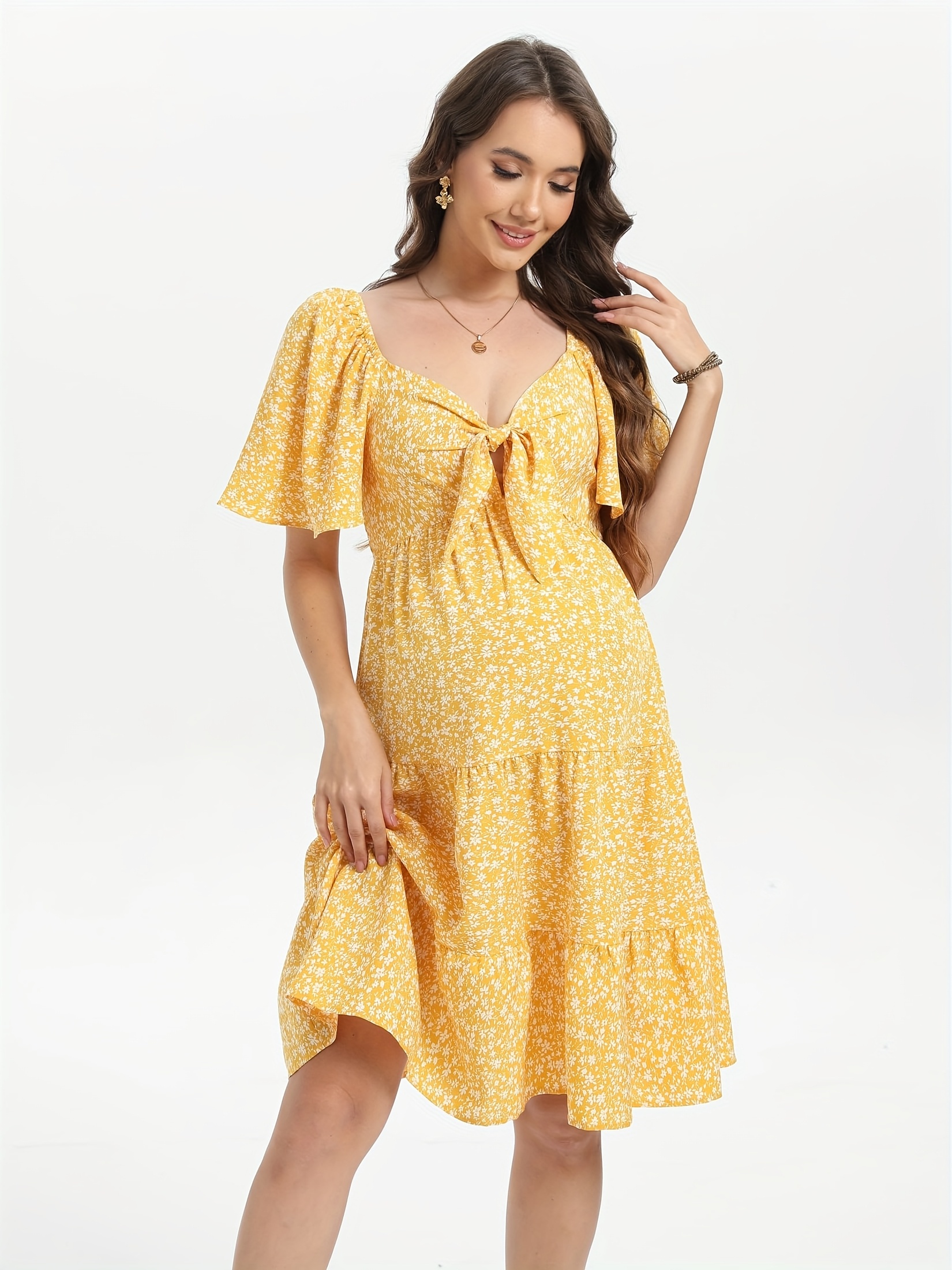 elegant floral maternity dress tie front detail - Temu