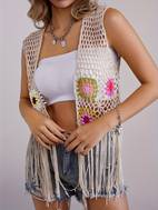 womens lightweight crochet vest with floral geometric patterns fringe hem semi summer fashion machine washable elegant layering piece for casual outfits crochet clothes casual handcrafted