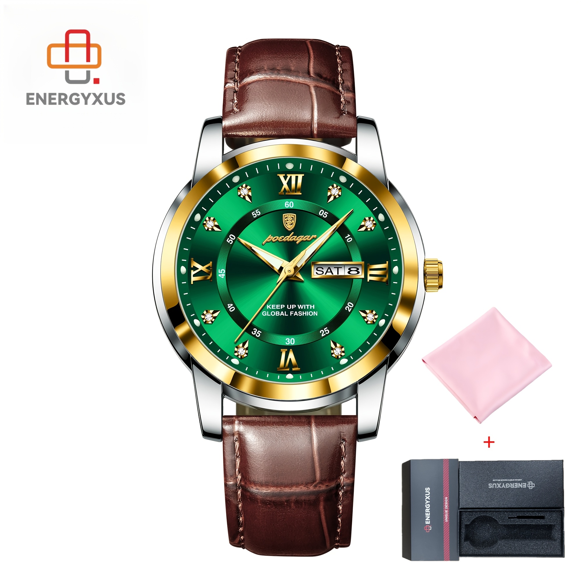 TEMU Energyxus Men's Luxury Watch With Luminous & Date/week/day Display - Wristwatch Suitable For Business, Sport, Casual, Pu Strap, Box & Cleaning