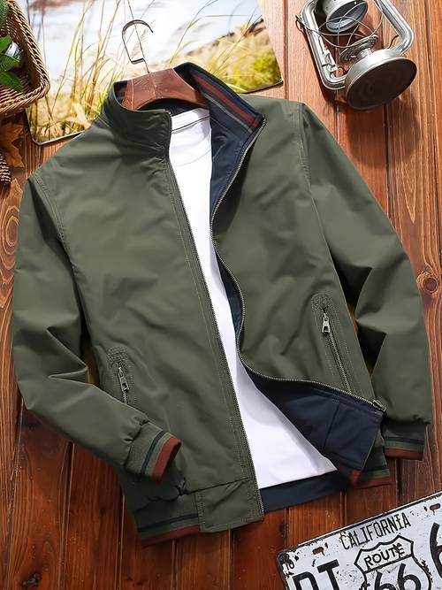 mens fashion double sided long sleeve lapel jacket casual workwear with zipper closure fiber lining pocket details ideal for daily casual and outdoor activities
