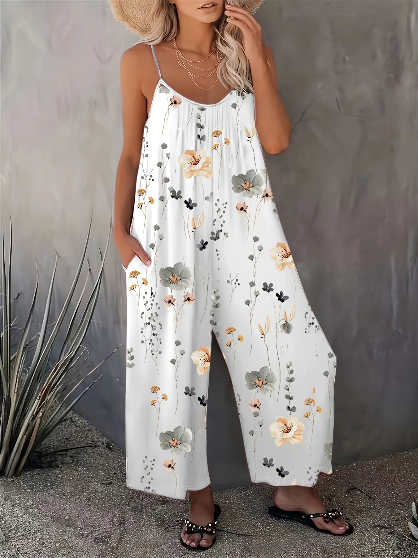 Floral Print Cami Jumpsuit, Casual Sleeveless Jumpsuit With Pockets For Spring & Summer, Women's Clothing