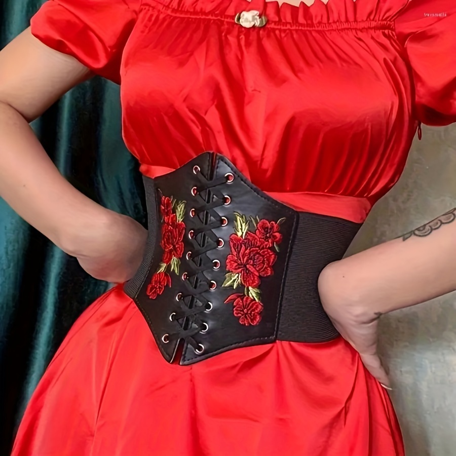 

Women's Floral Lace-up Corset Belt - Black With Red Roses & Green Leaves, Adjustable Elastic Waist Cincher For Casual Outfits