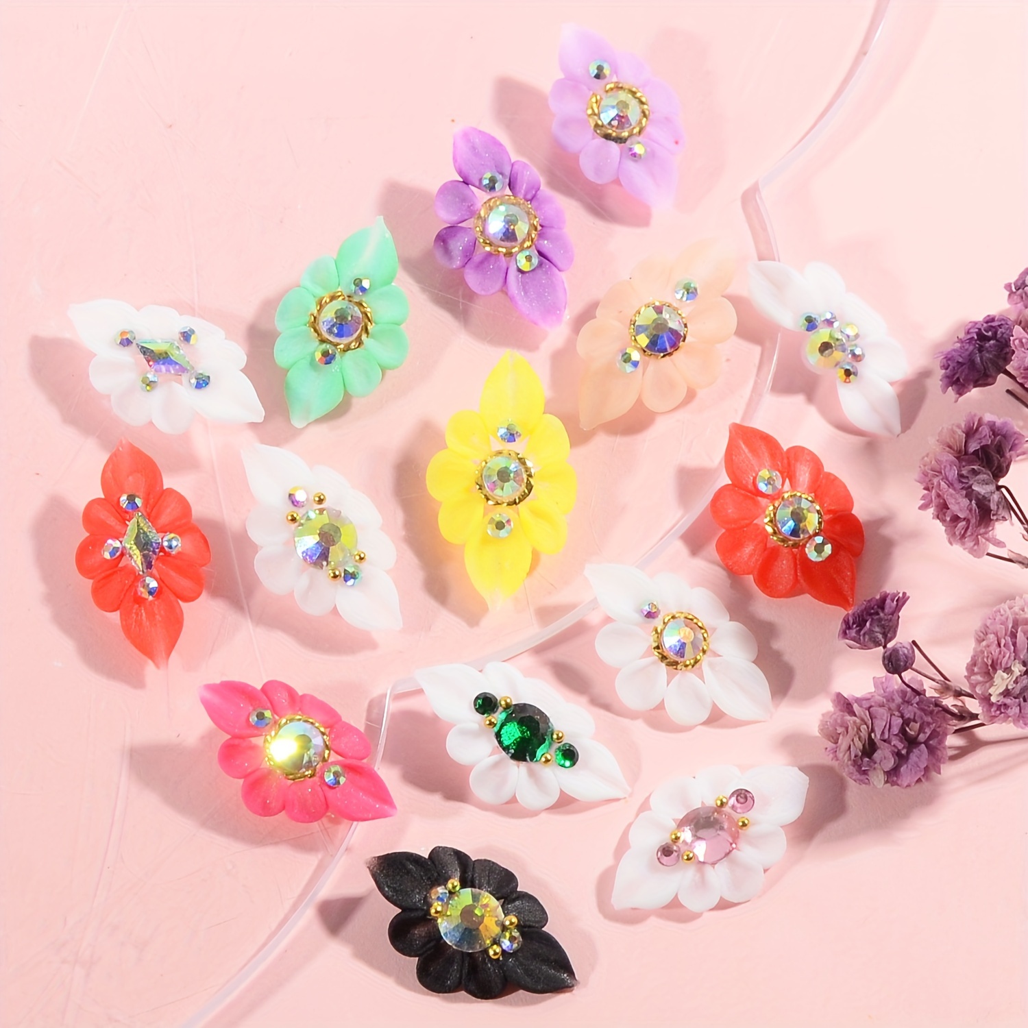 

30pcs Handcrafted Acrylic Flower Nail Charms Set - Mixed 15 Designs With Rhinestones & Crystals, Scent-free Nail Art Decorations For Women And Girls Nail Charms And Accessories Nail Art Charms