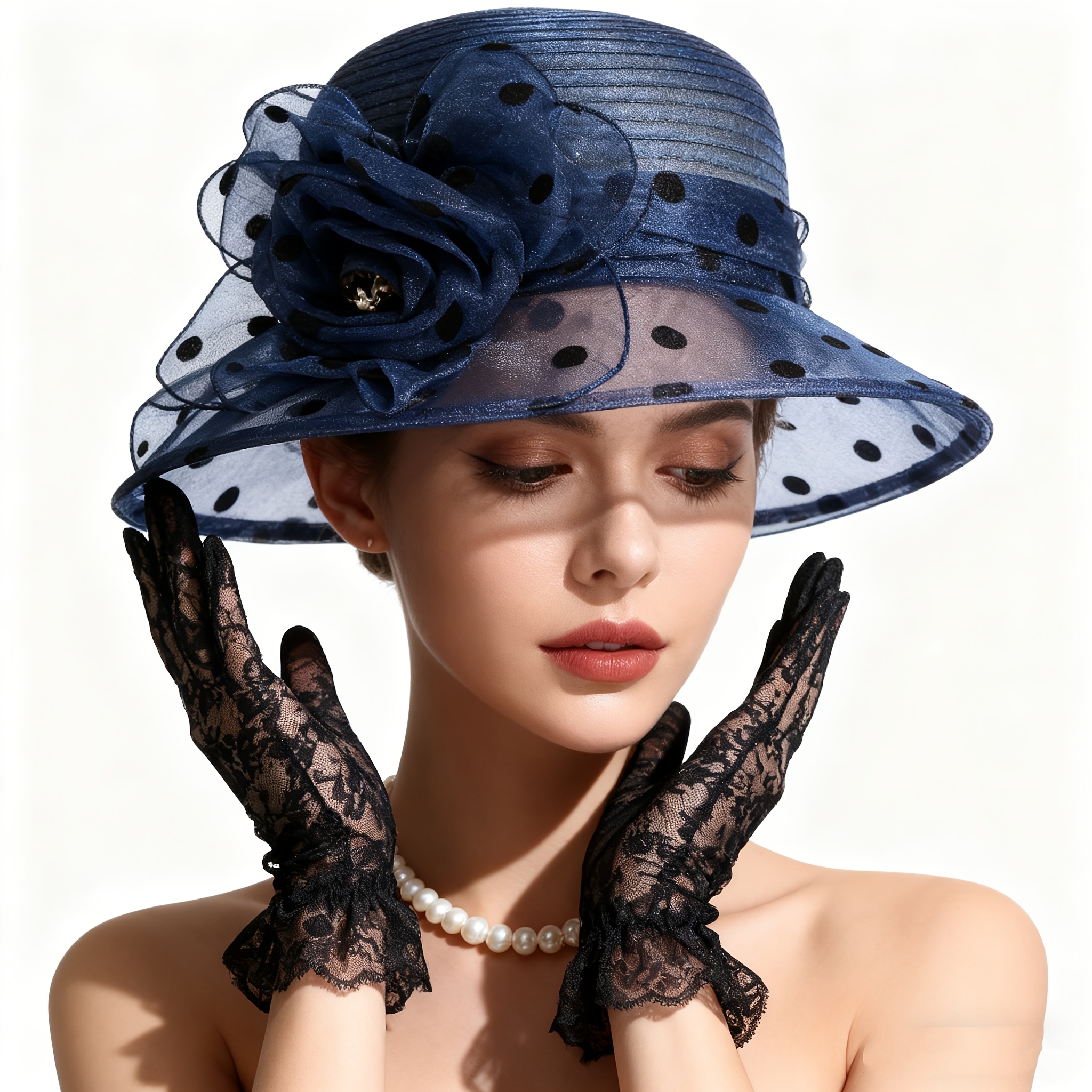 3-teiliges damen-set mit neuen  -fischermützen mit blumendesign, punktafprint für einen modischen high-end-look, passendes halskette- und handschuh-set, unverzichtbares 3-teiliges set für party, abendessen und hochzeitsoutfits, eleganter western-stil für ausflüge