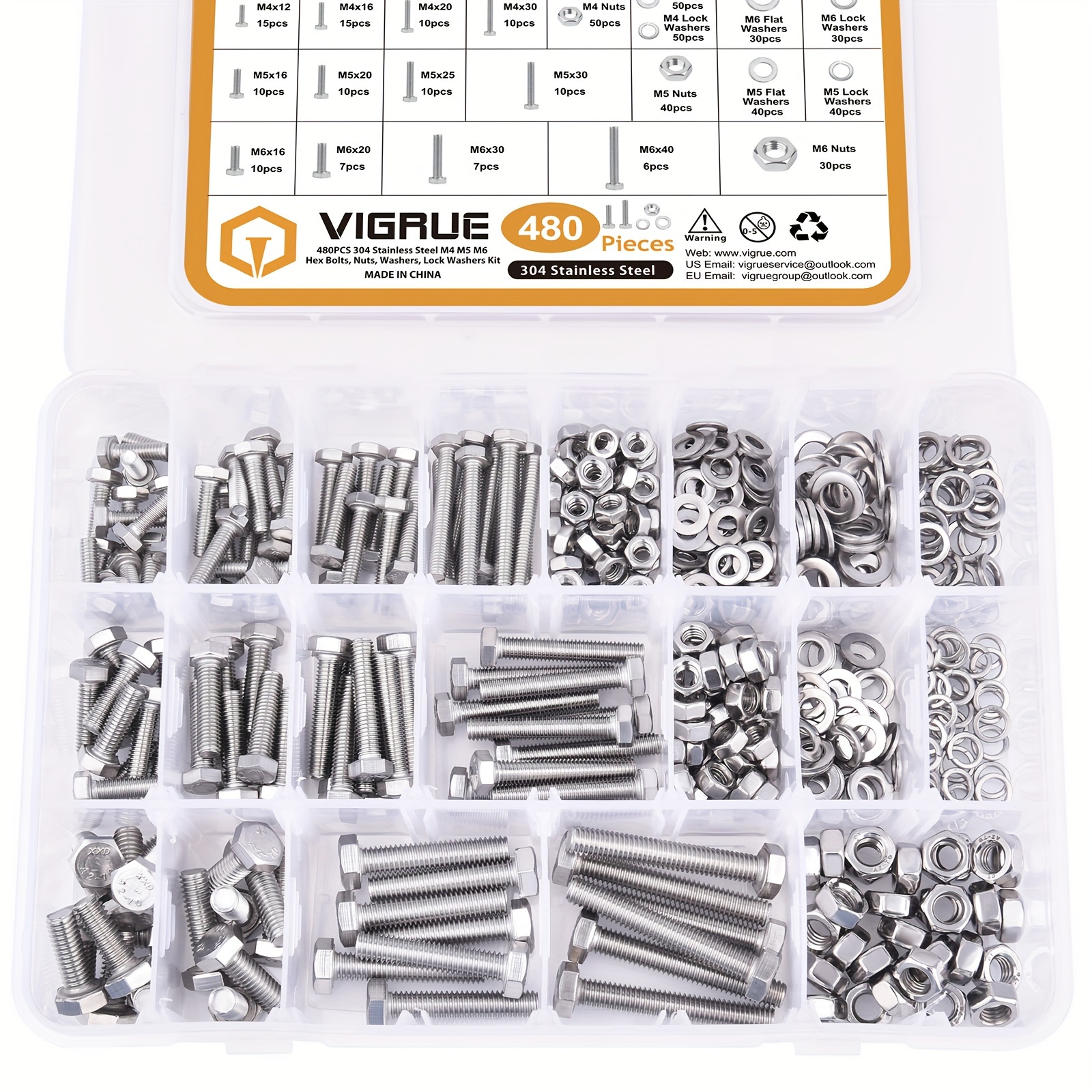 

Vigrue 480pcs M4 M5 M6 Bolts Nuts Assortment Kit, Heavy Duty 304 Stainless Steel, 13 Metric Common Sizes Included