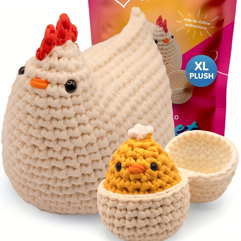 

2pcs Crochet Chicken And Chick Kit, Diy Hand Knitting Set For Beginners, Fun Crafting Gift With Fabric, For All