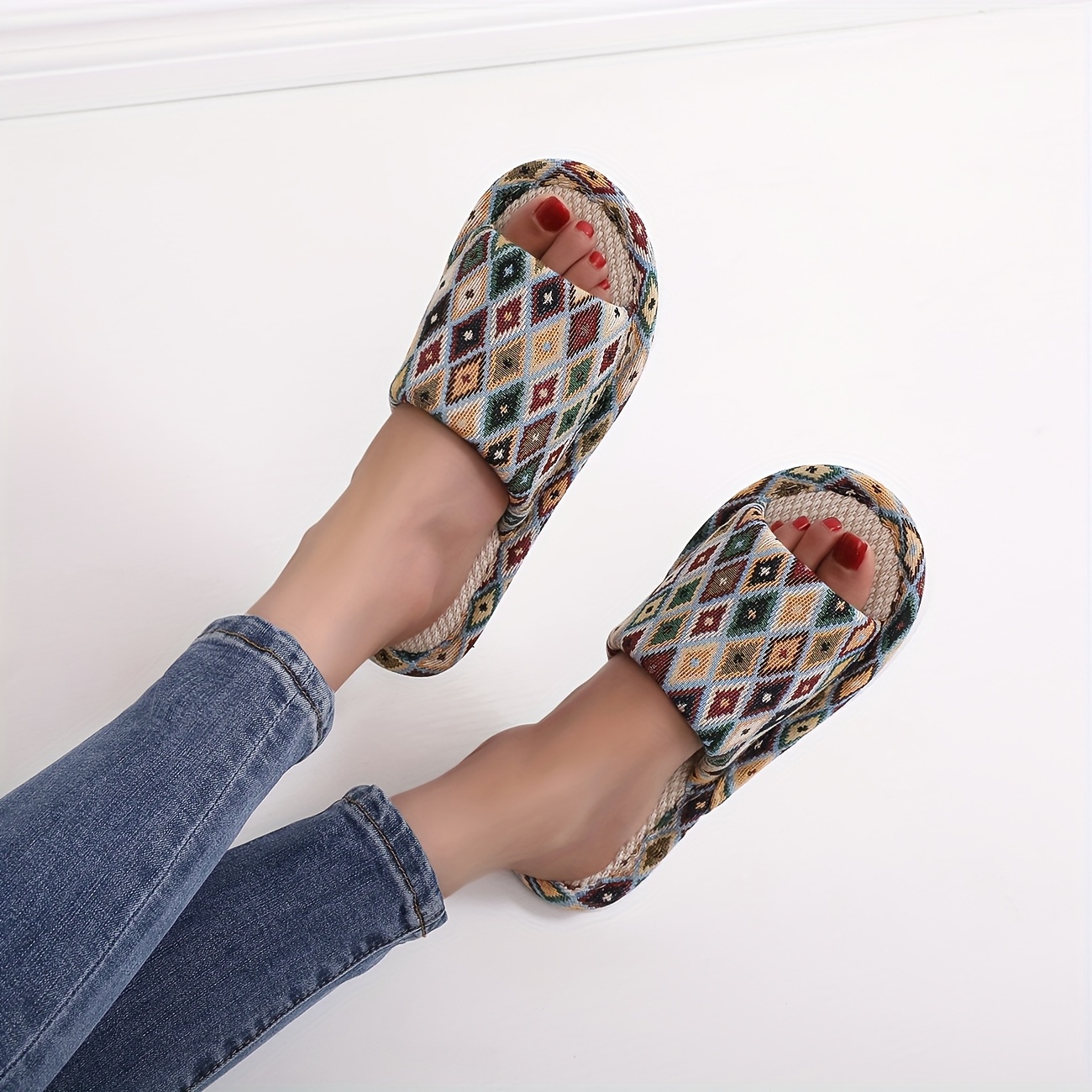 Image of Rhombus Pattern Slippers, Open-toe Comfortable And Breathable, Suitable For Indoor And Outdoor Wear, Unisex, Women Shoes